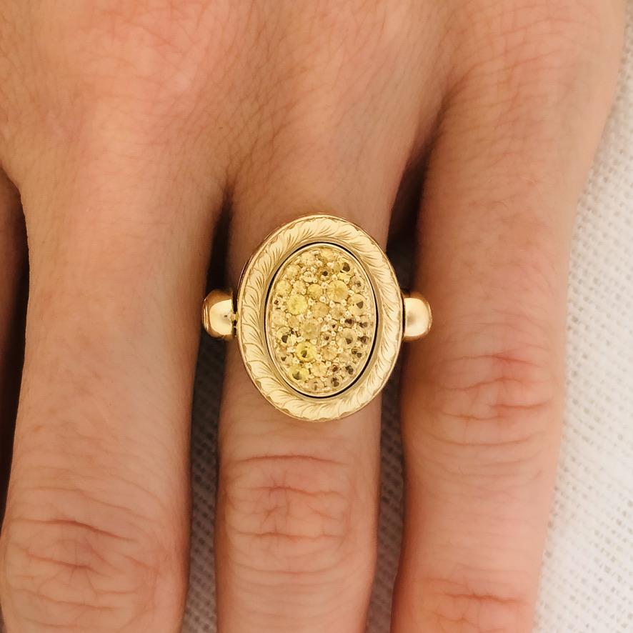 Contemporary 14 Karat Yellow Gold Hand Engraved Yellow Sapphire Pave Ring