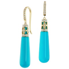 hand shaped earrings 14 Karat Yellow Gold Hand Shaped Turquoise and Diamond Dangle Earrings