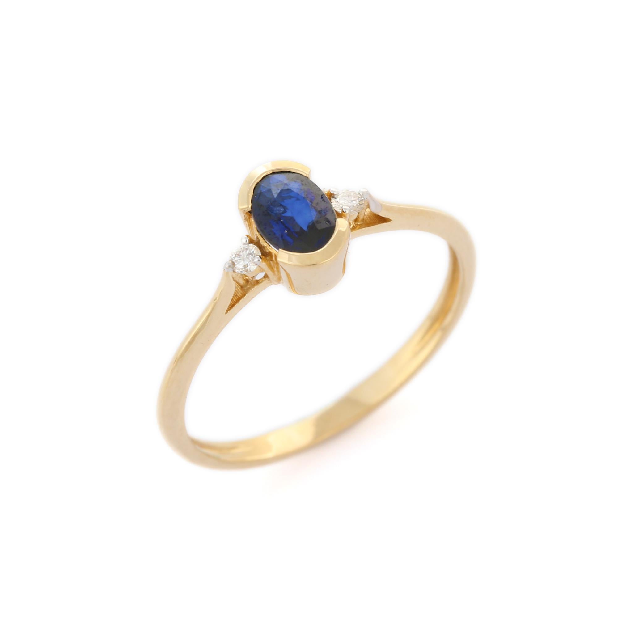 For Sale:  Oval Blue Sapphire and Diamond Solid 14k Yellow Gold Minimal Three Stone Ring 3
