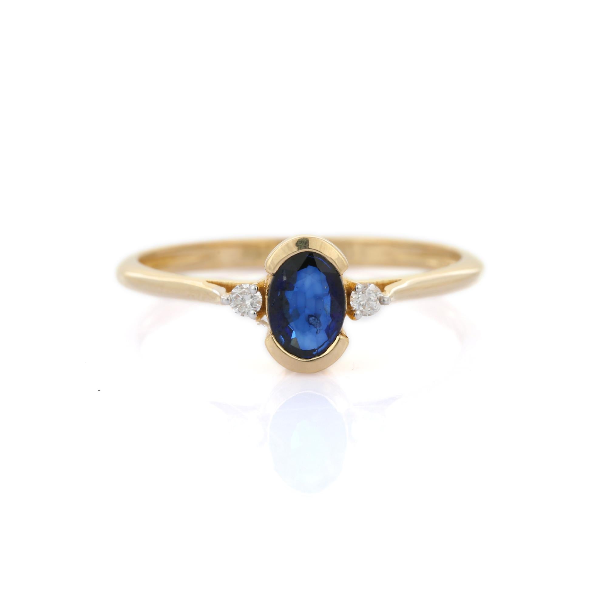 For Sale:  Oval Blue Sapphire and Diamond Solid 14k Yellow Gold Minimal Three Stone Ring 5