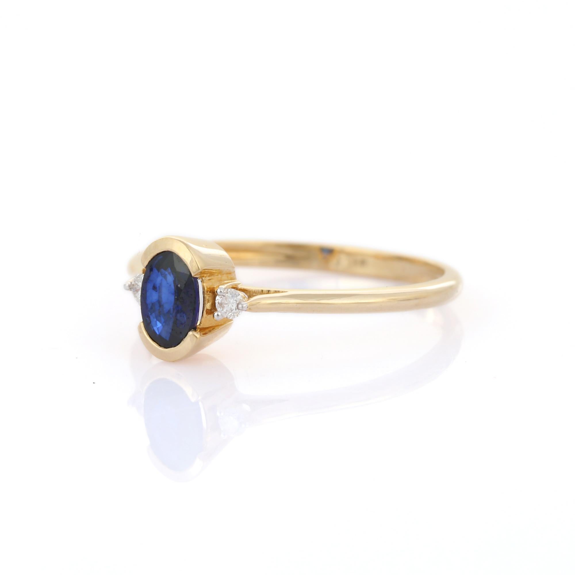 For Sale:  Oval Blue Sapphire and Diamond Solid 14k Yellow Gold Minimal Three Stone Ring 6