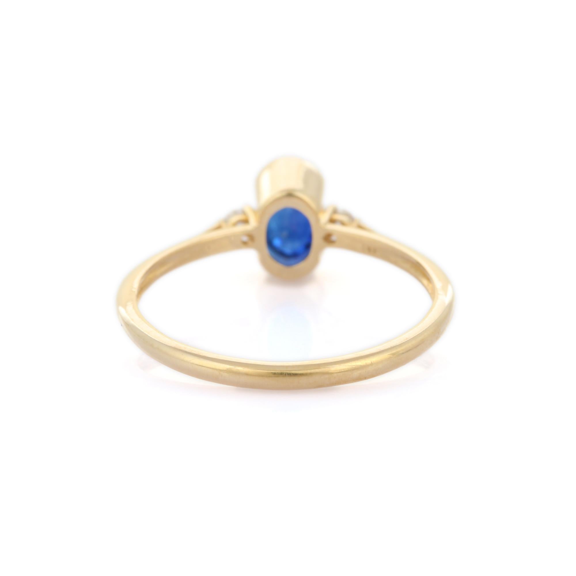 For Sale:  Oval Blue Sapphire and Diamond Solid 14k Yellow Gold Minimal Three Stone Ring 7