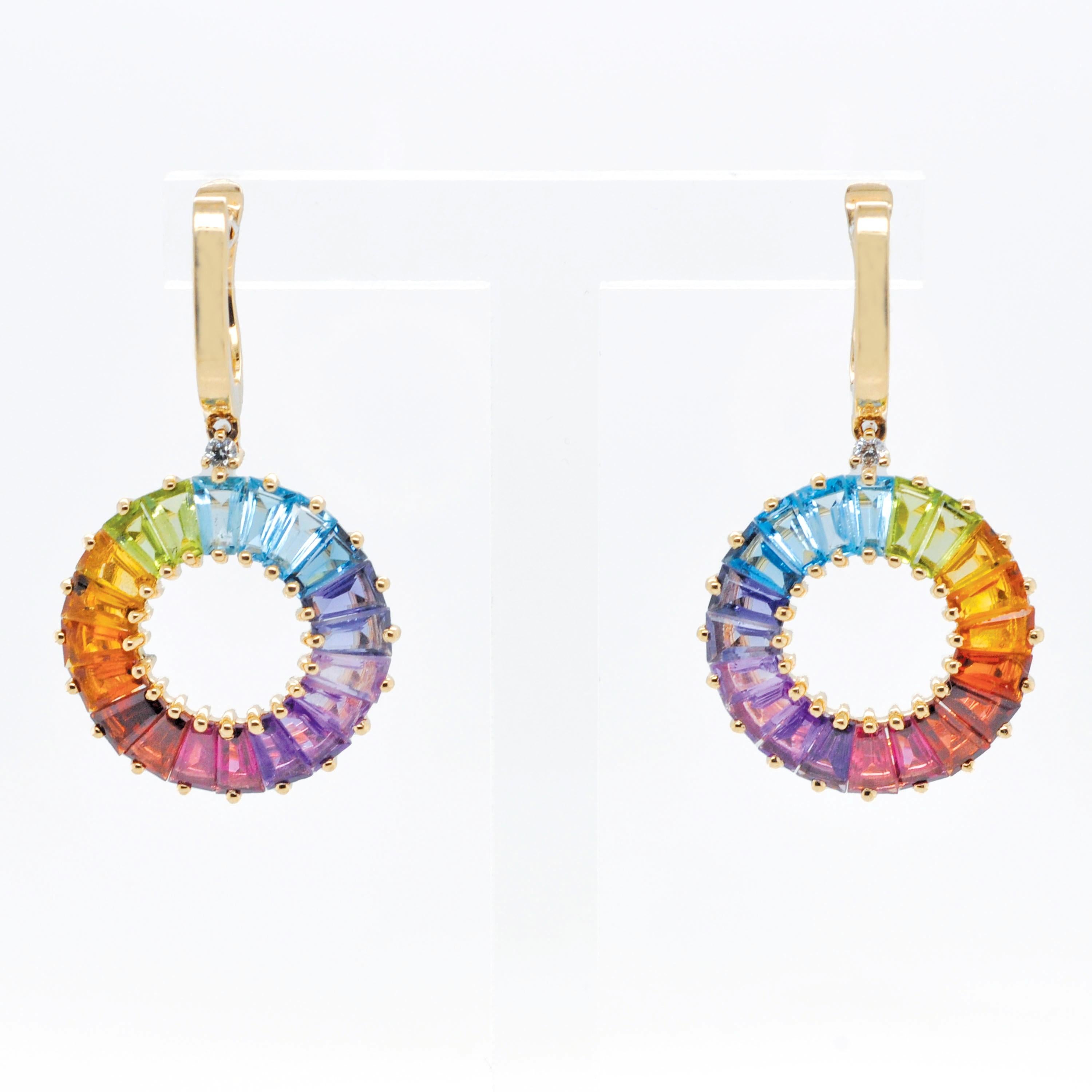 14K Yellow Gold Handcrafted Rainbow Natural Gemstone Pendant Earrings Set For Sale 5
