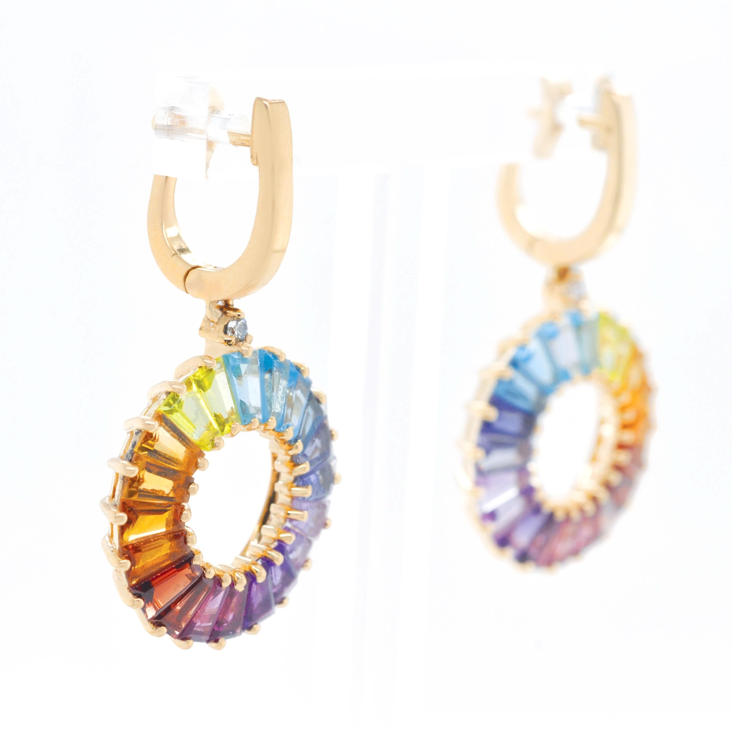 14K Yellow Gold Handcrafted Rainbow Natural Gemstone Pendant Earrings Set For Sale 7