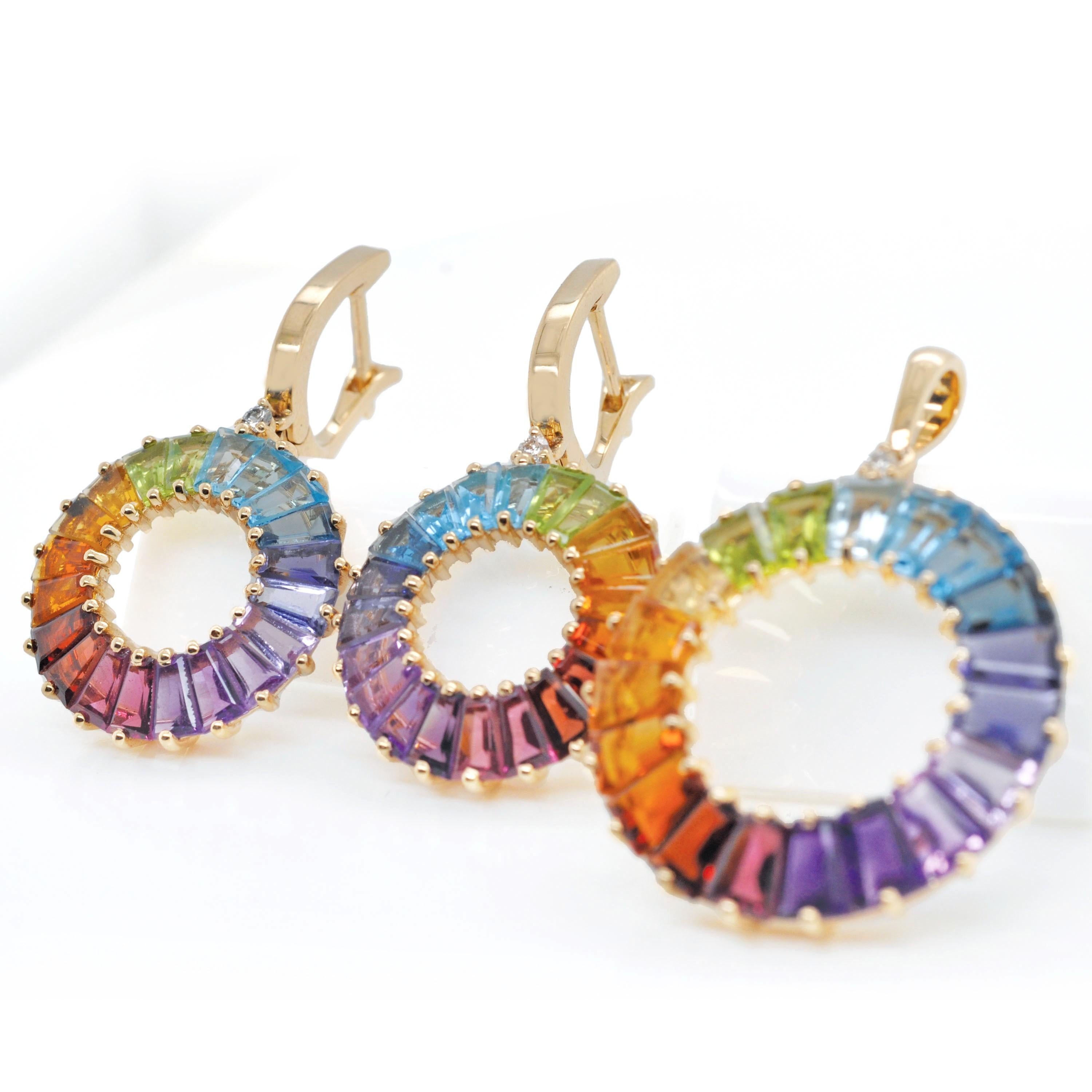 14K Yellow Gold Handcrafted Rainbow Natural Gemstone Pendant Earrings Set For Sale 8