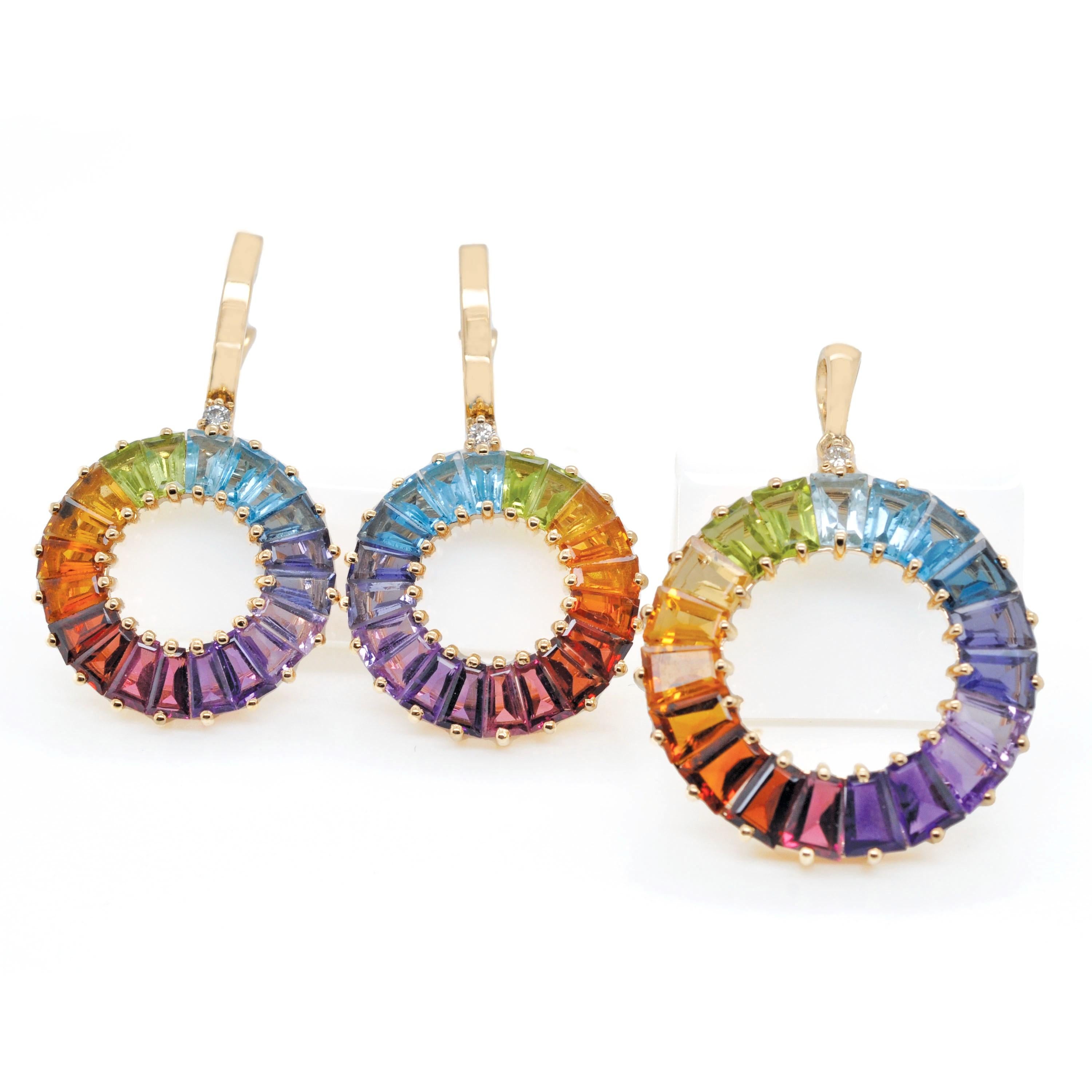 14K Yellow Gold Handcrafted Rainbow Natural Gemstone Pendant Earrings Set For Sale 9