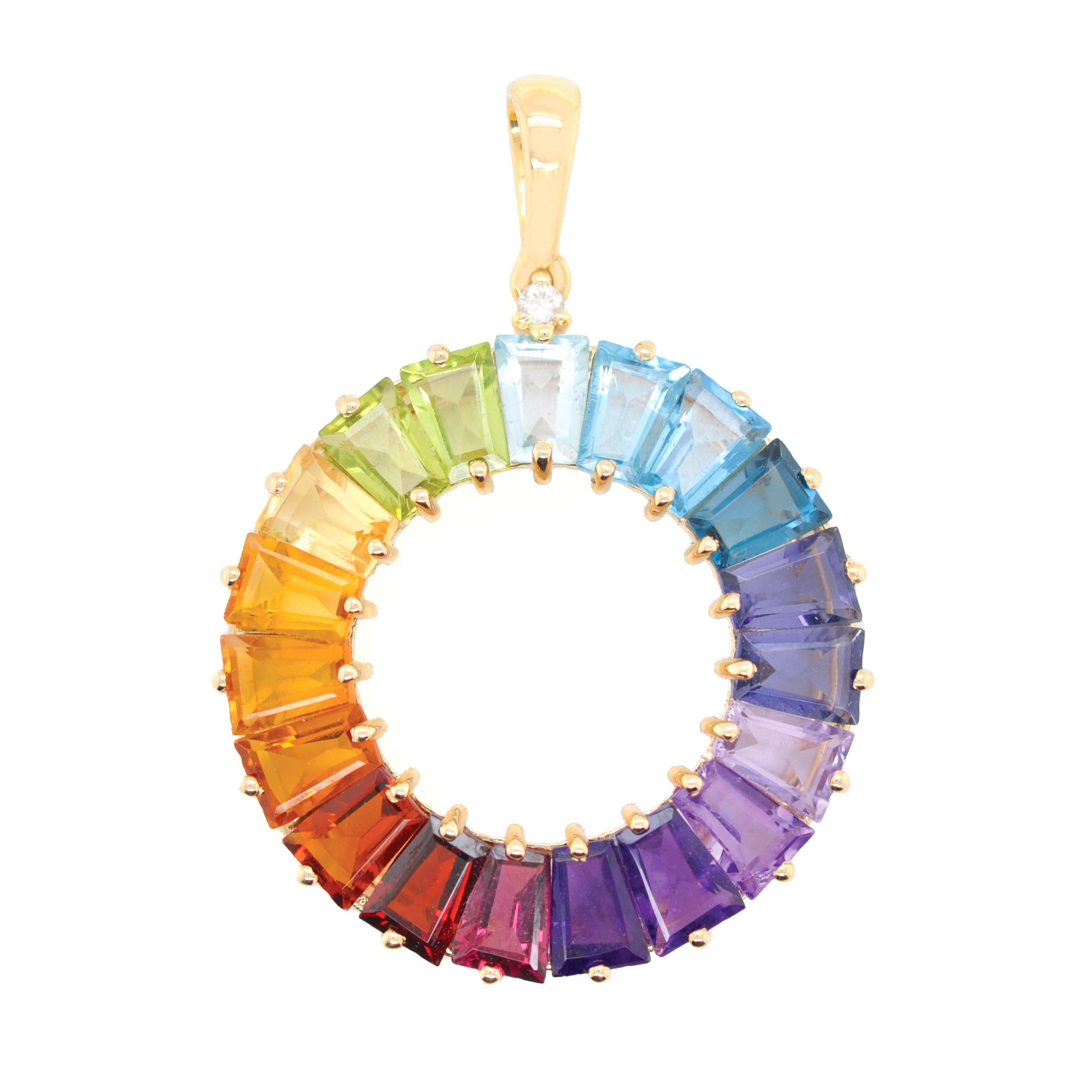 14K Yellow Gold Handcrafted Rainbow Natural Gemstone Pendant Earrings Set For Sale 10