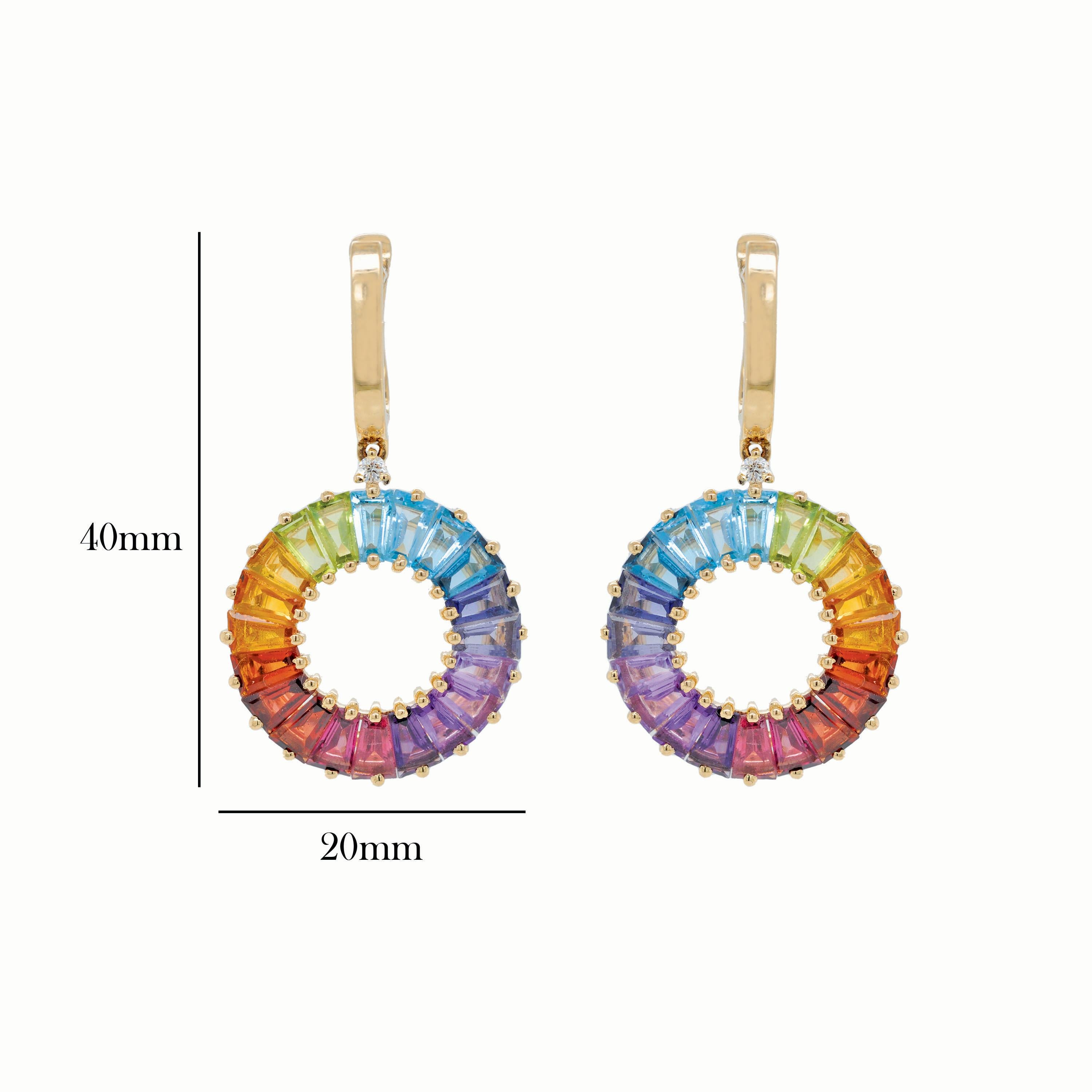 14K Yellow Gold Handcrafted Rainbow Natural Gemstone Pendant Earrings Set For Sale 1