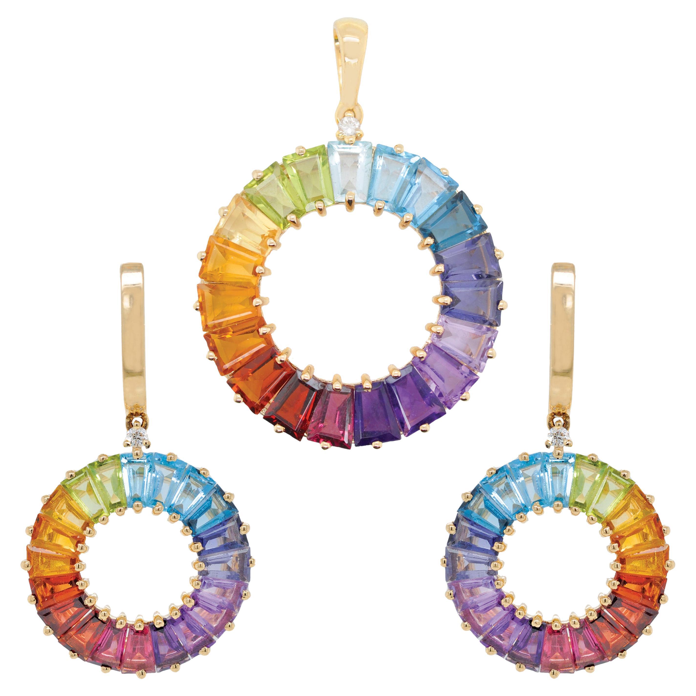 14K Yellow Gold Handcrafted Rainbow Natural Gemstone Pendant Earrings Set For Sale