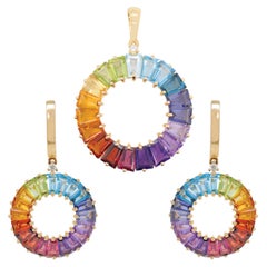 Juego de Pendientes Colgantes de Piedras Preciosas Naturales Arco Iris Hechos a Mano en Oro Amarillo de 14K