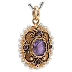 14k Yellow Gold Handmade Amethyst and Pearl Etruscan Style Pendant