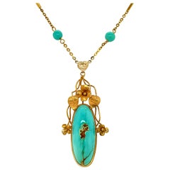 14k Yellow Gold Handmade Arts & Crafts Turquoise Necklace '#J4786'