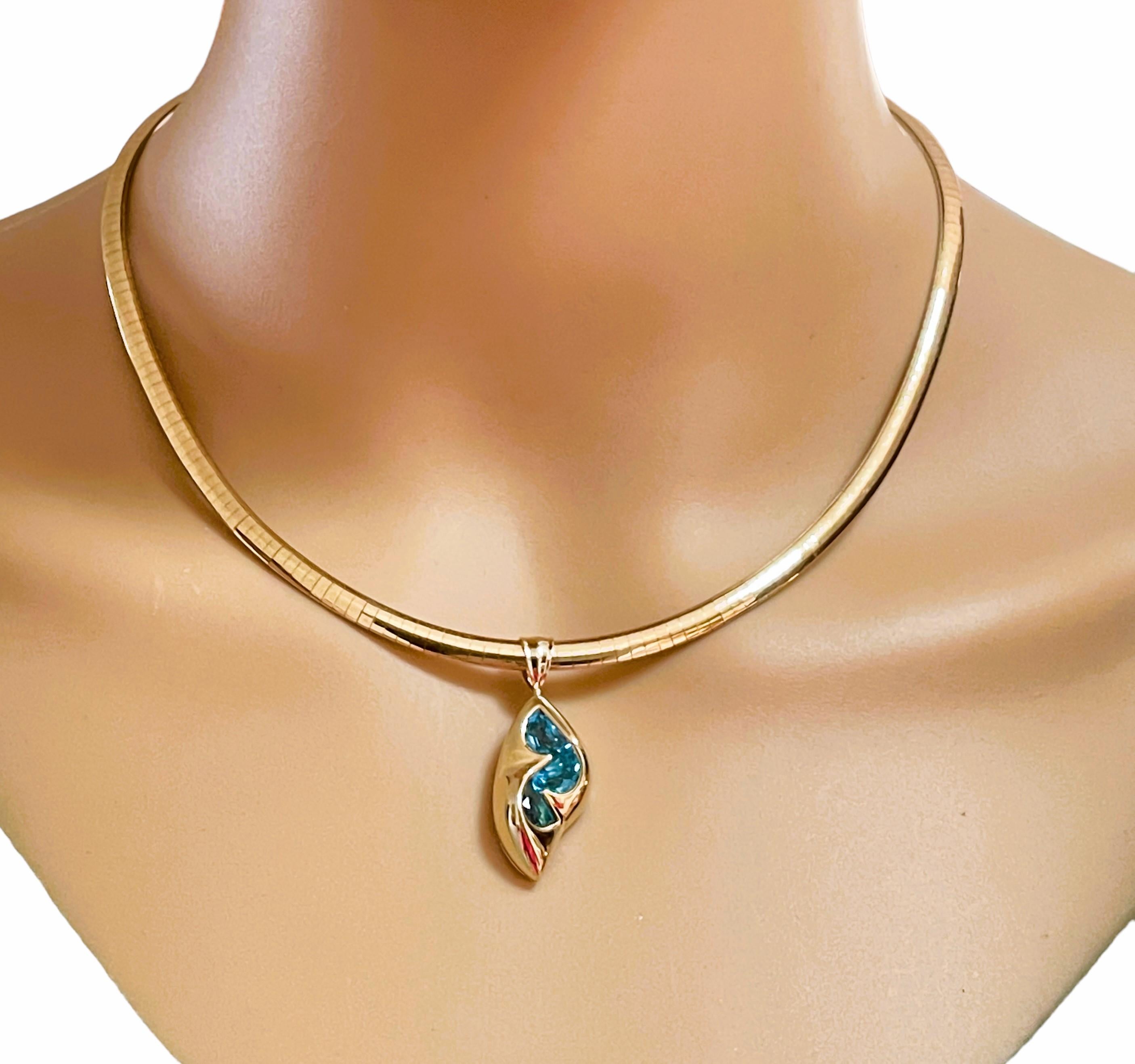 Art Deco 14k Yellow Gold Handmade Fancy Cut Blue Topaz Pendant with Appraisal