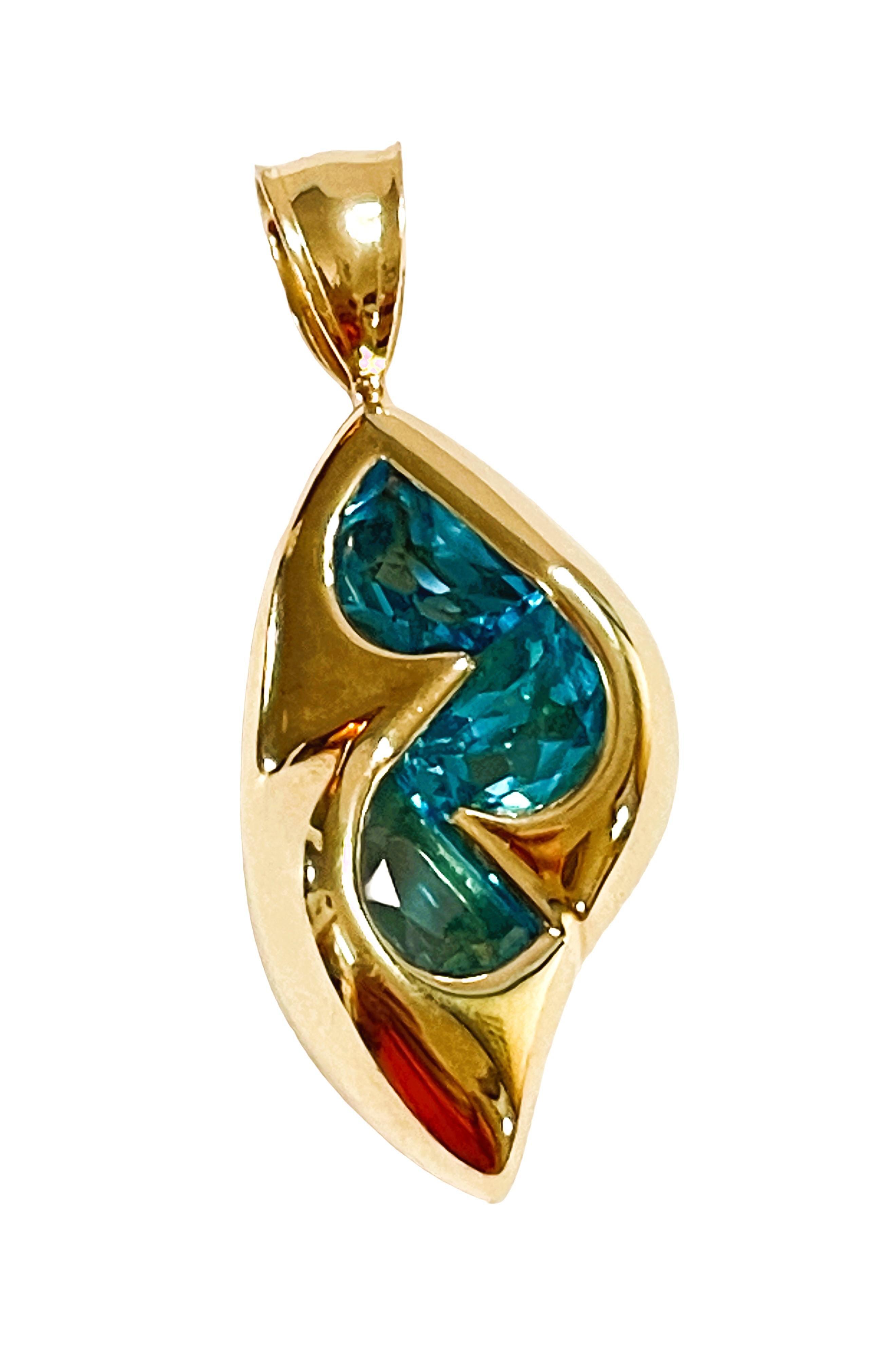 Mixed Cut 14k Yellow Gold Handmade Fancy Cut Blue Topaz Pendant with Appraisal For Sale
