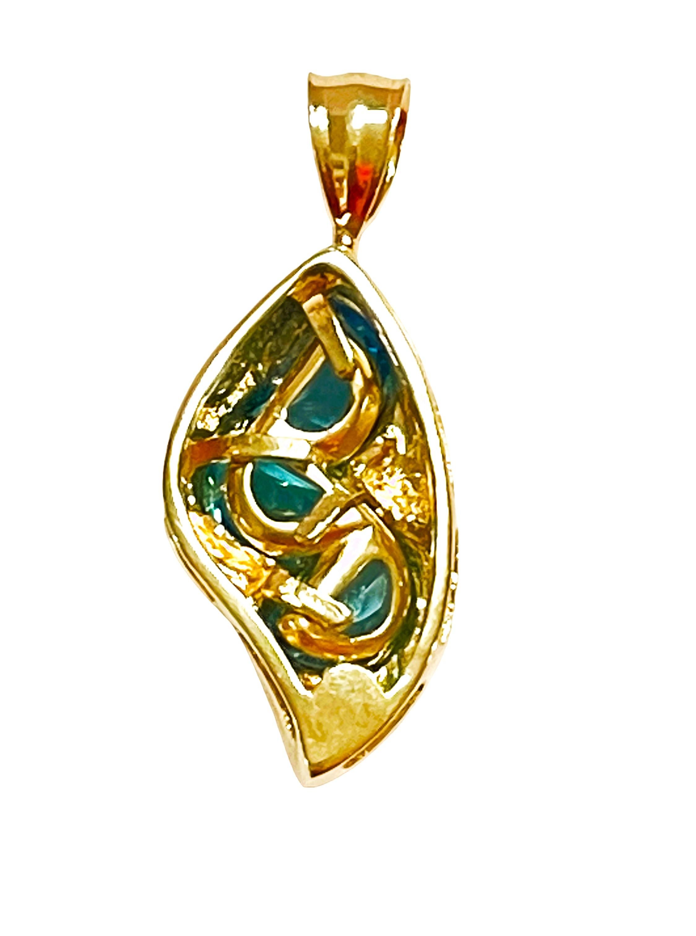 14k Yellow Gold Handmade Fancy Cut Blue Topaz Pendant with Appraisal For Sale 1