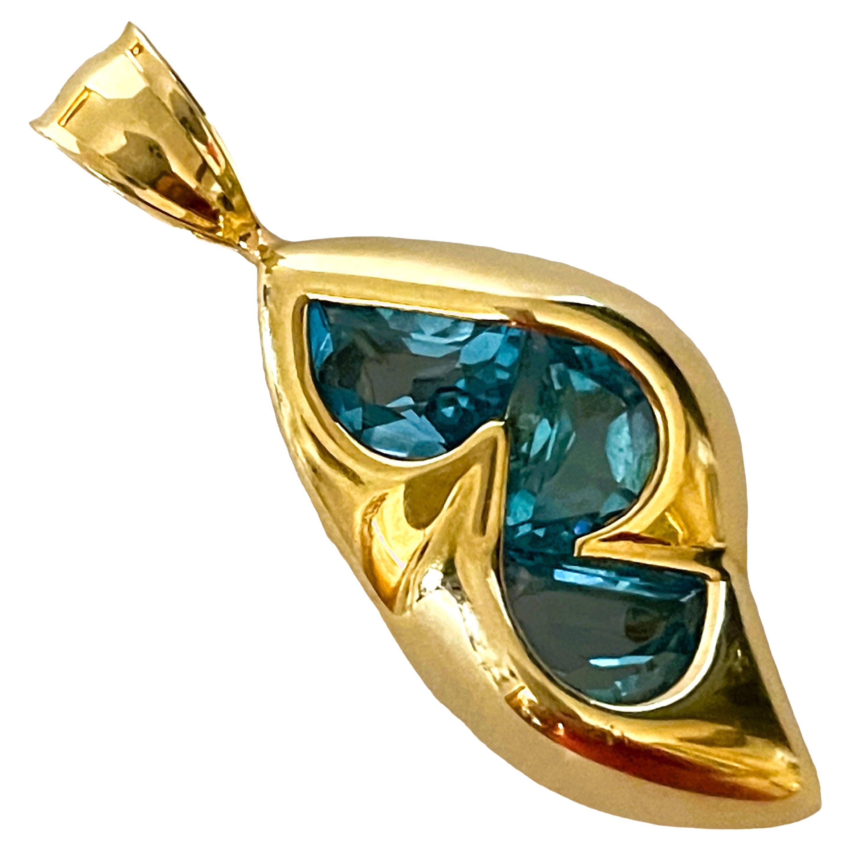 14k Yellow Gold Handmade Fancy Cut Blue Topaz Pendant with Appraisal For Sale