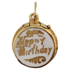 14K Yellow Gold Happy Birthday Cake Charm With White Enamel