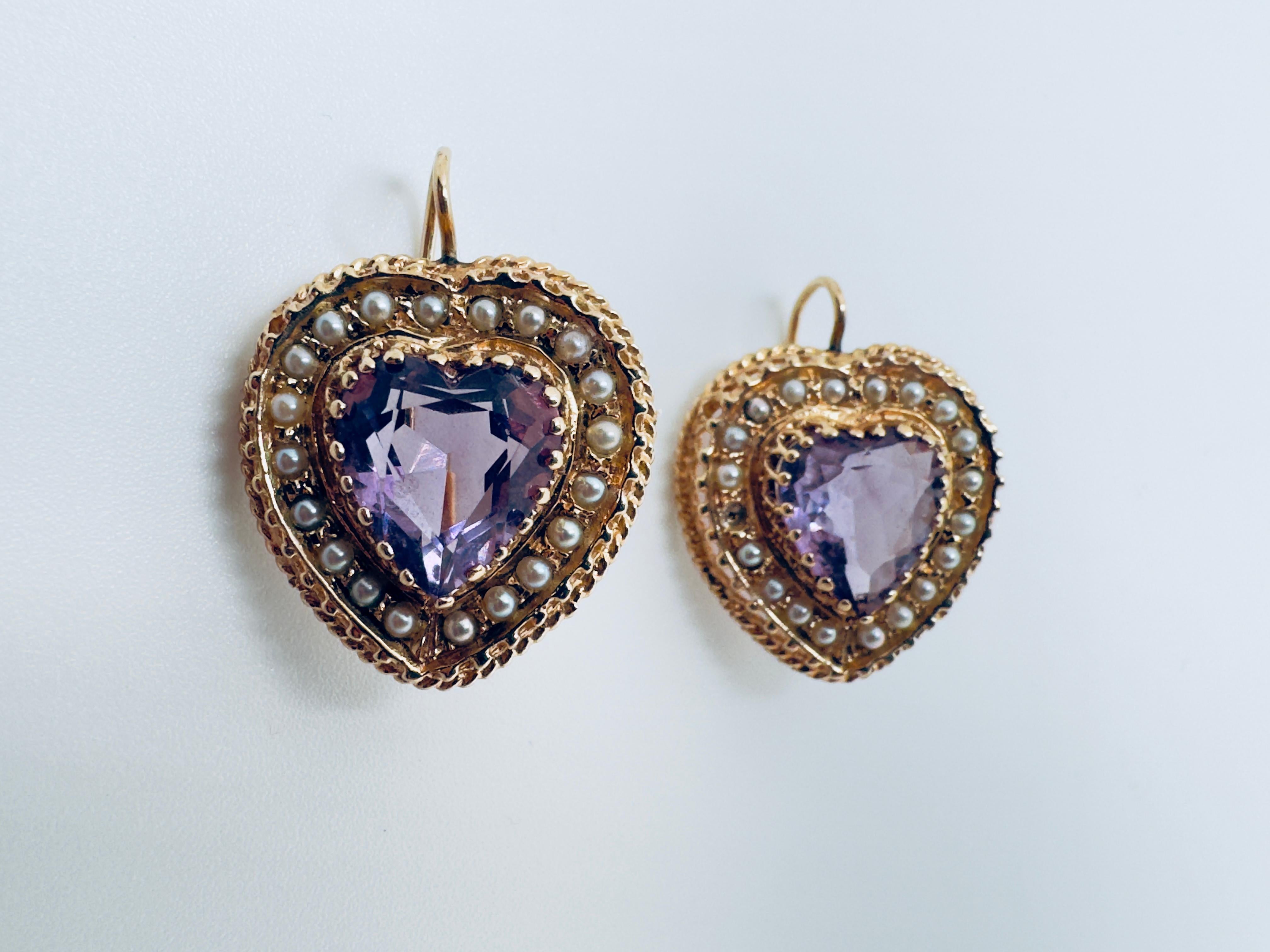 Boucles d'oreilles en or jaune 14K avec cœur en améthyste et perles de rocaille en vente 4
