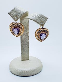 14K Yellow Gold Heart Amethyst and Seed Pearl Earrings