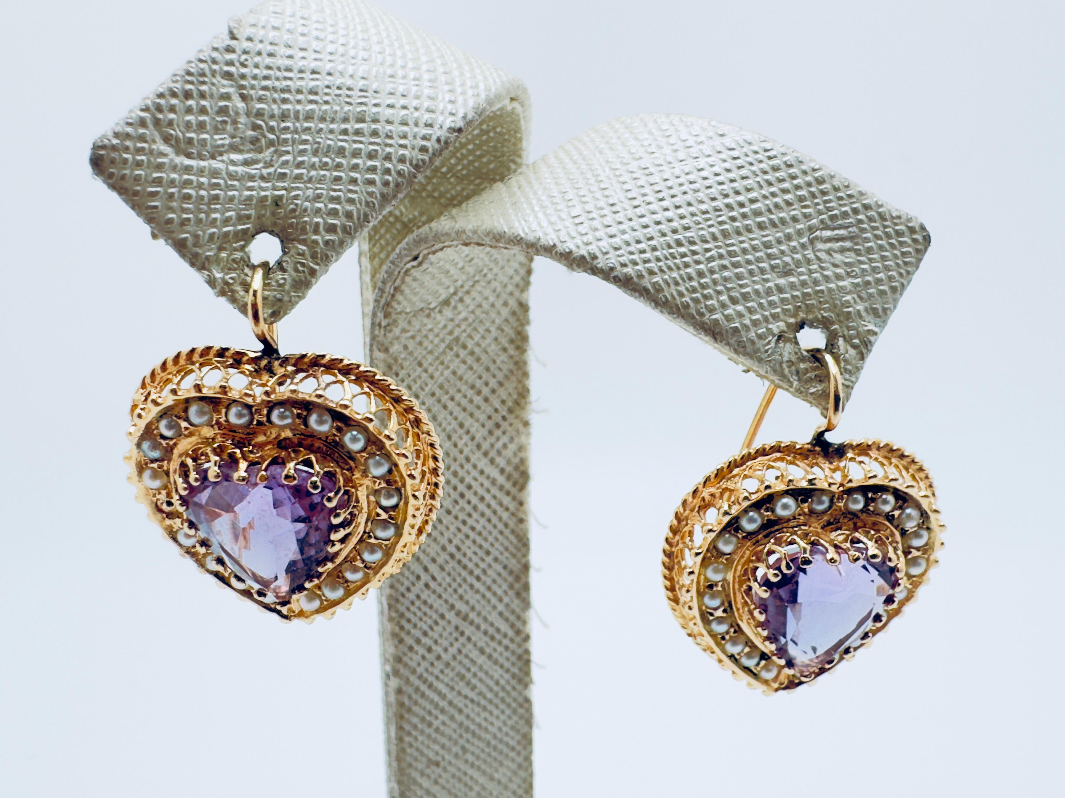Art déco Boucles d'oreilles en or jaune 14K avec cœur en améthyste et perles de rocaille en vente