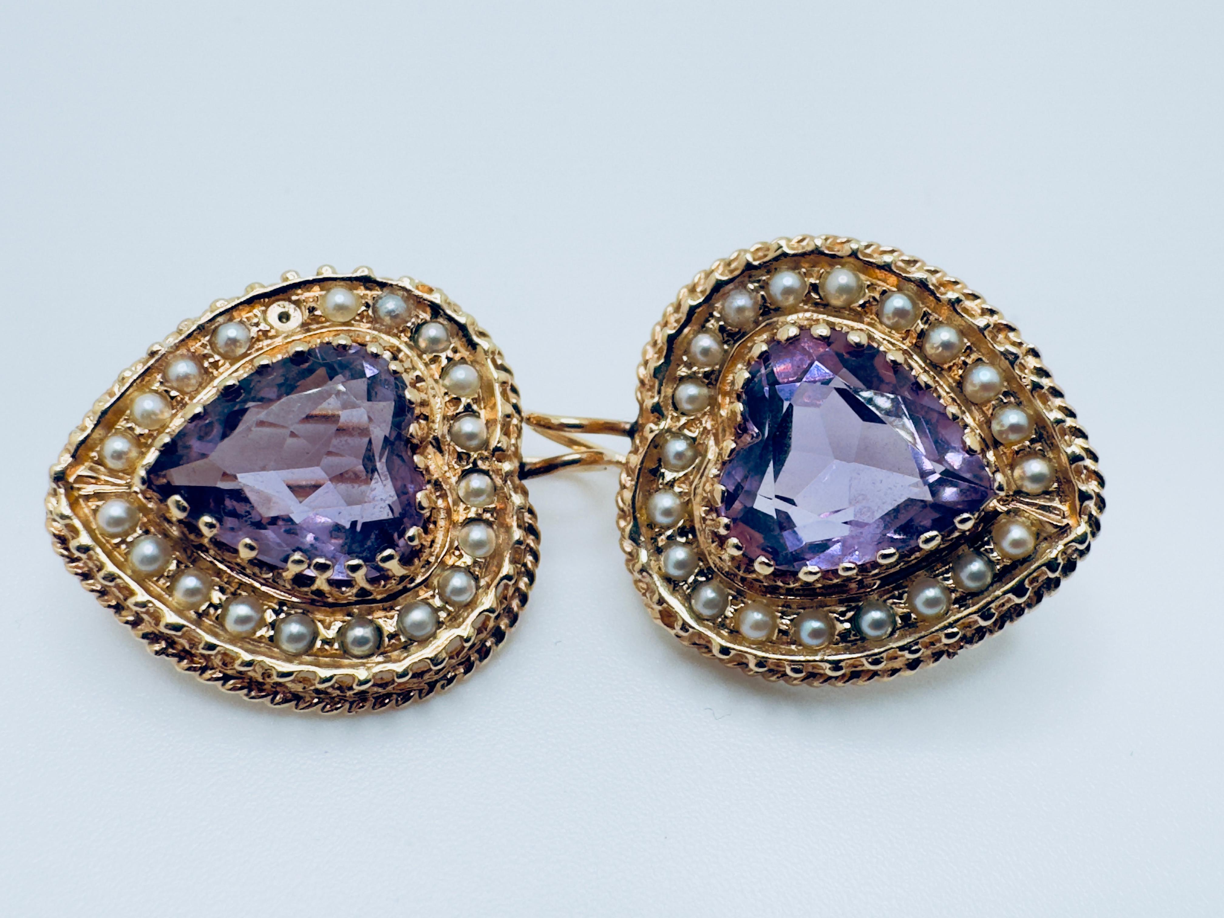 Boucles d'oreilles en or jaune 14K avec cœur en améthyste et perles de rocaille Bon état - En vente à Palm Desert, CA