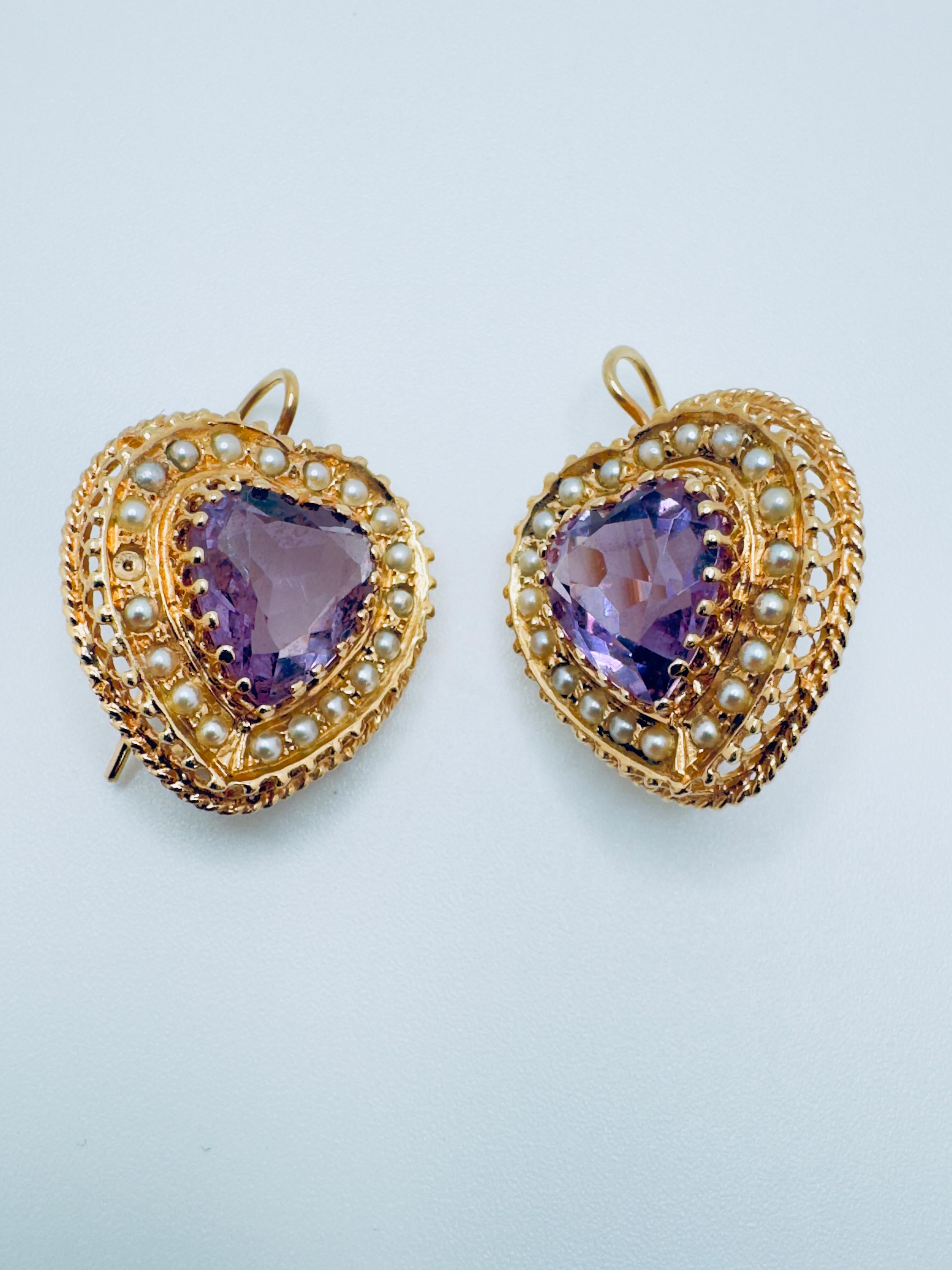 Boucles d'oreilles en or jaune 14K avec cœur en améthyste et perles de rocaille Unisexe en vente