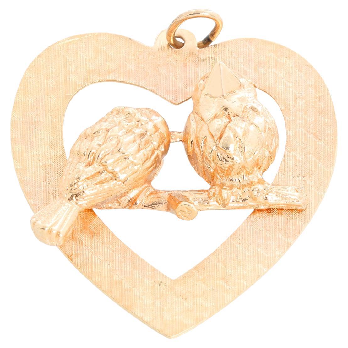 14K Yellow Gold Heart & Bird Pendant For Sale