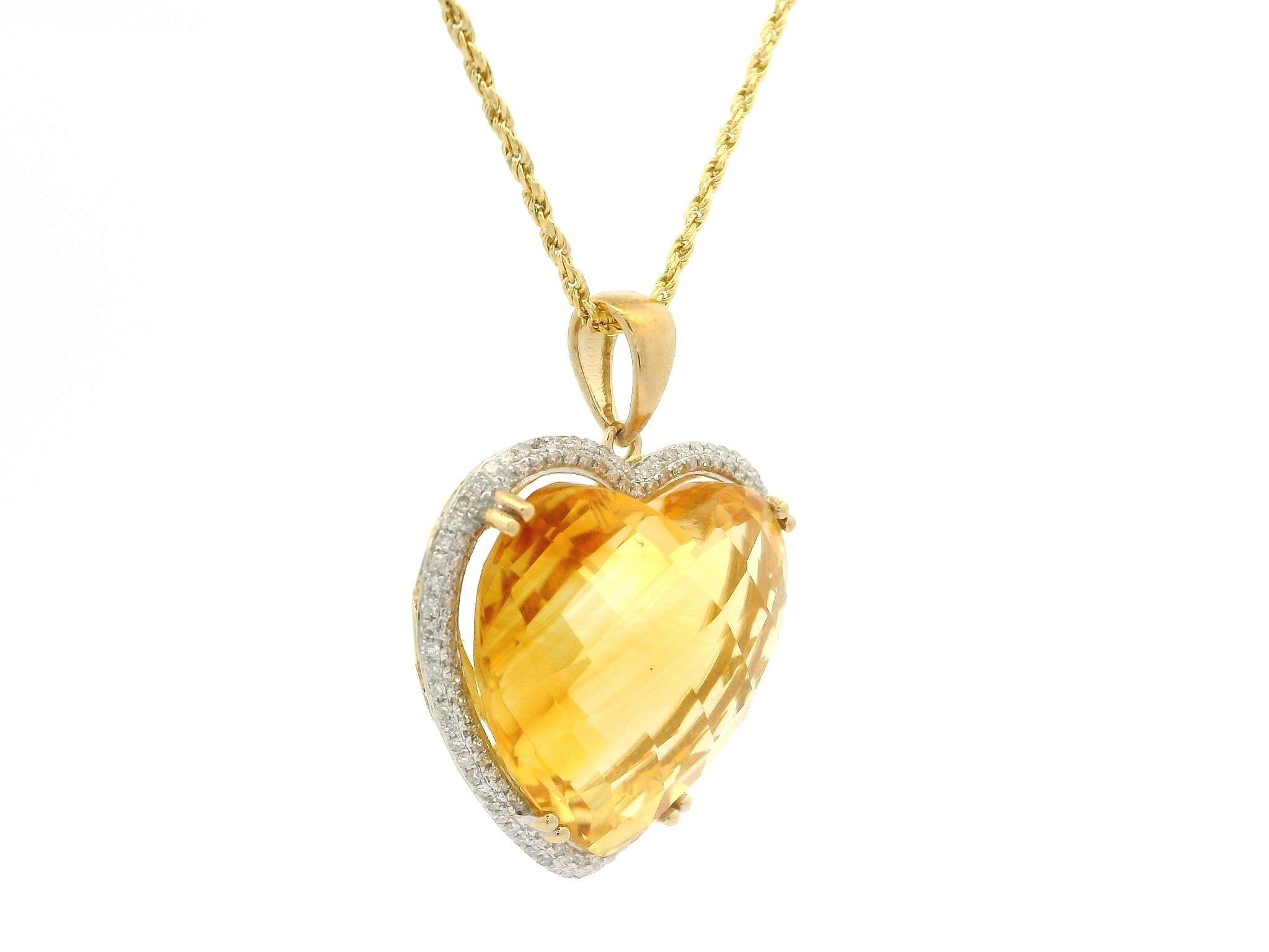 14k Yellow Gold Heart Cut Citrine Pave Diamond Frame Pendant 18