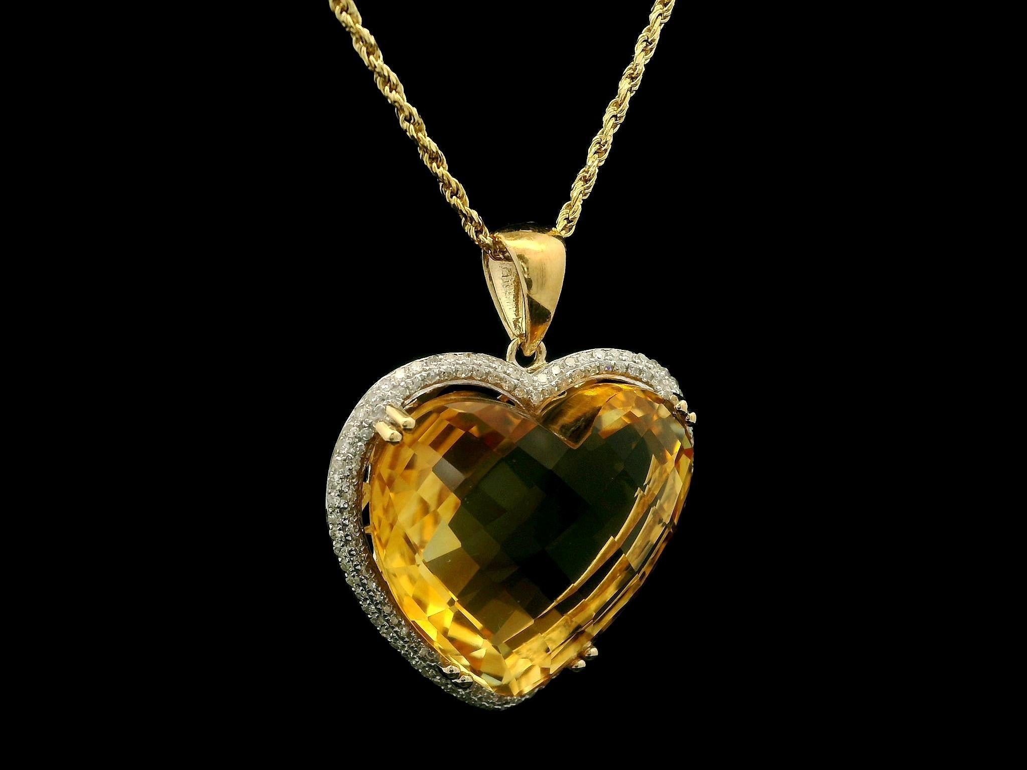 14k Yellow Gold Heart Cut Citrine Pave Diamond Frame Pendant 18