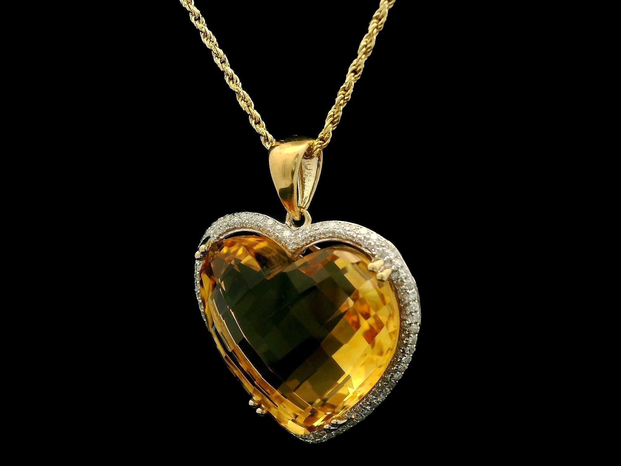 14k Yellow Gold Heart Cut Citrine Pave Diamond Frame Pendant 18