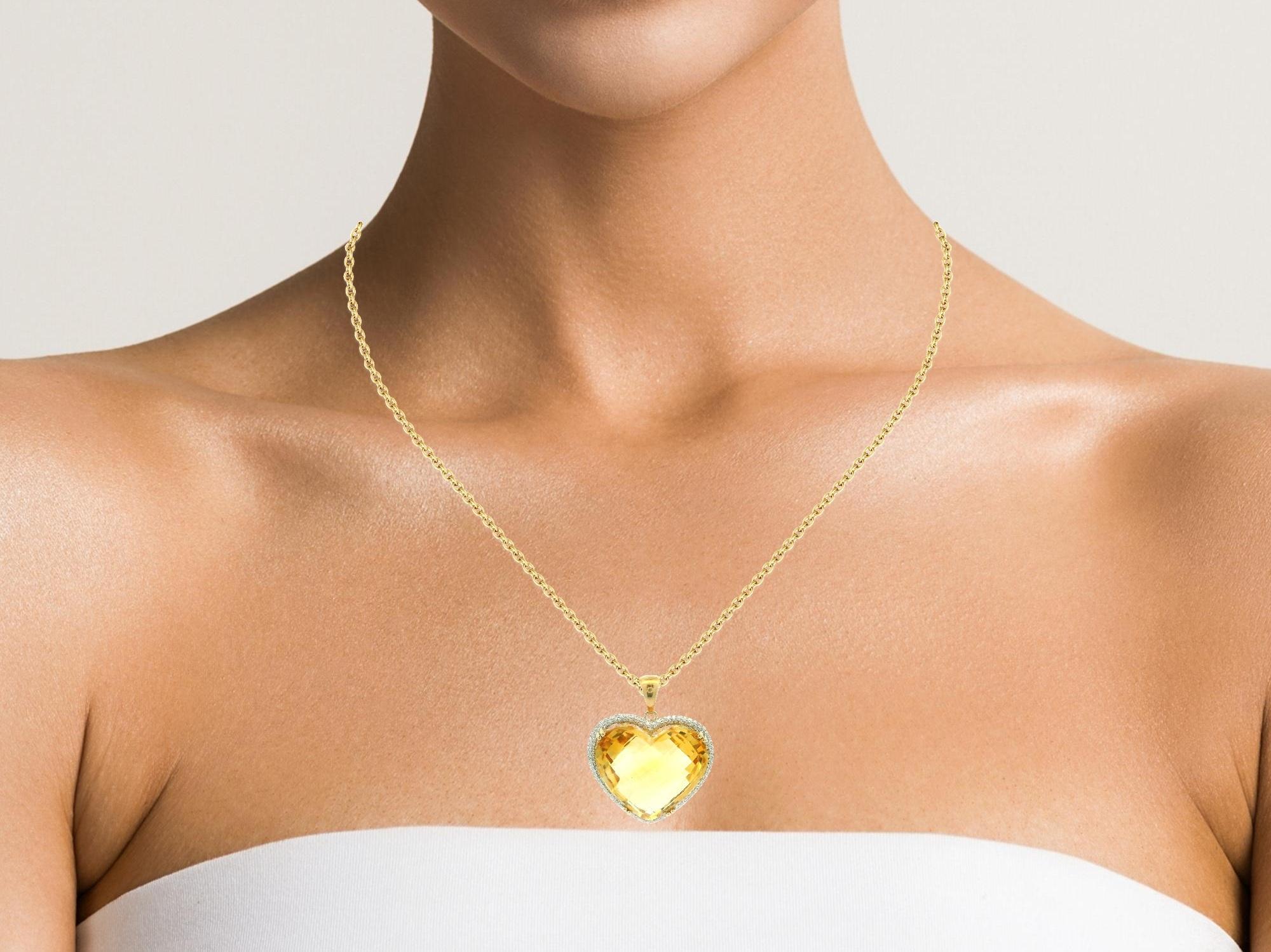 14k Yellow Gold Heart Cut Citrine Pave Diamond Frame Pendant 18