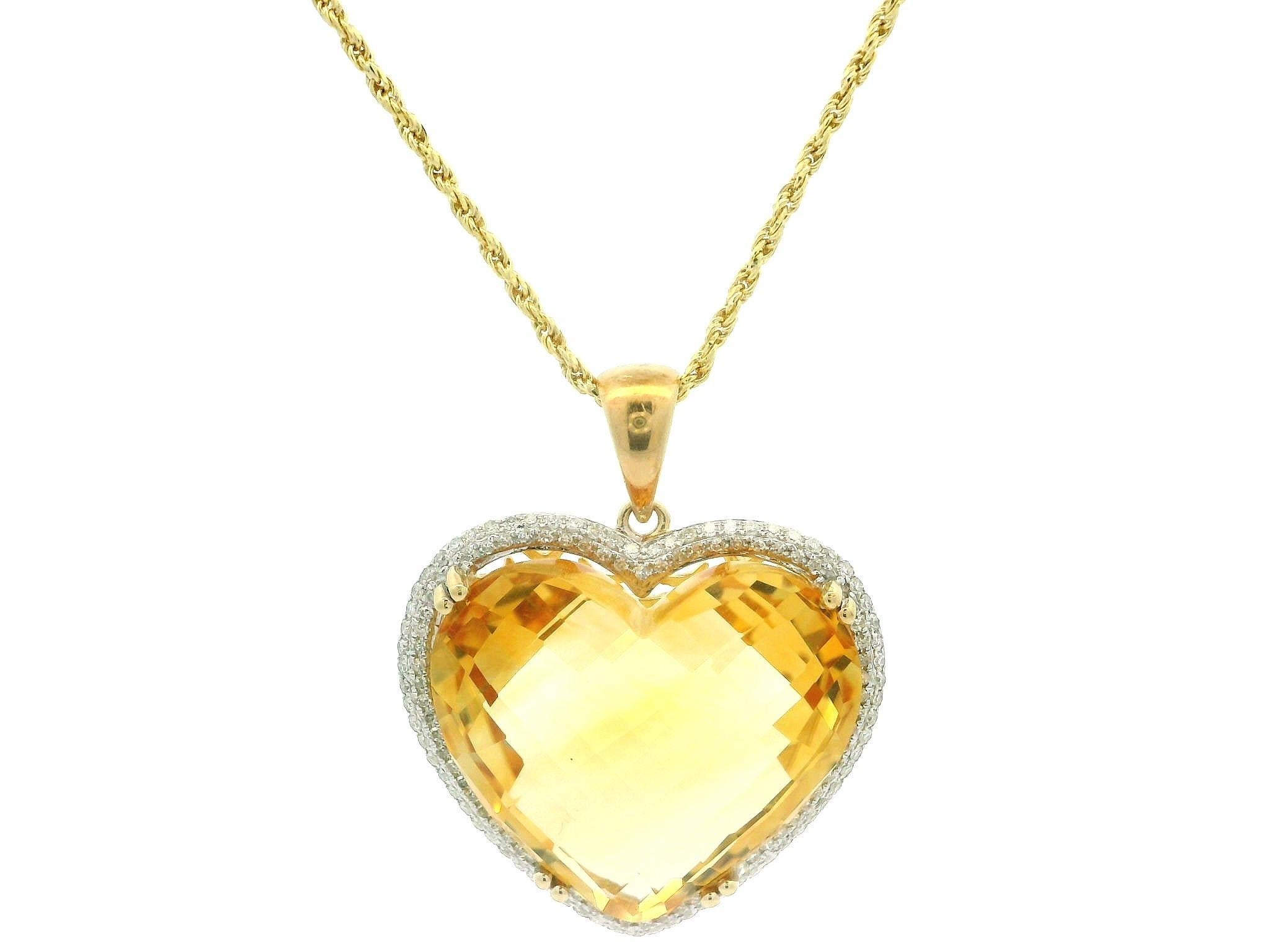14k Yellow Gold Heart Cut Citrine Pave Diamond Frame Pendant 18