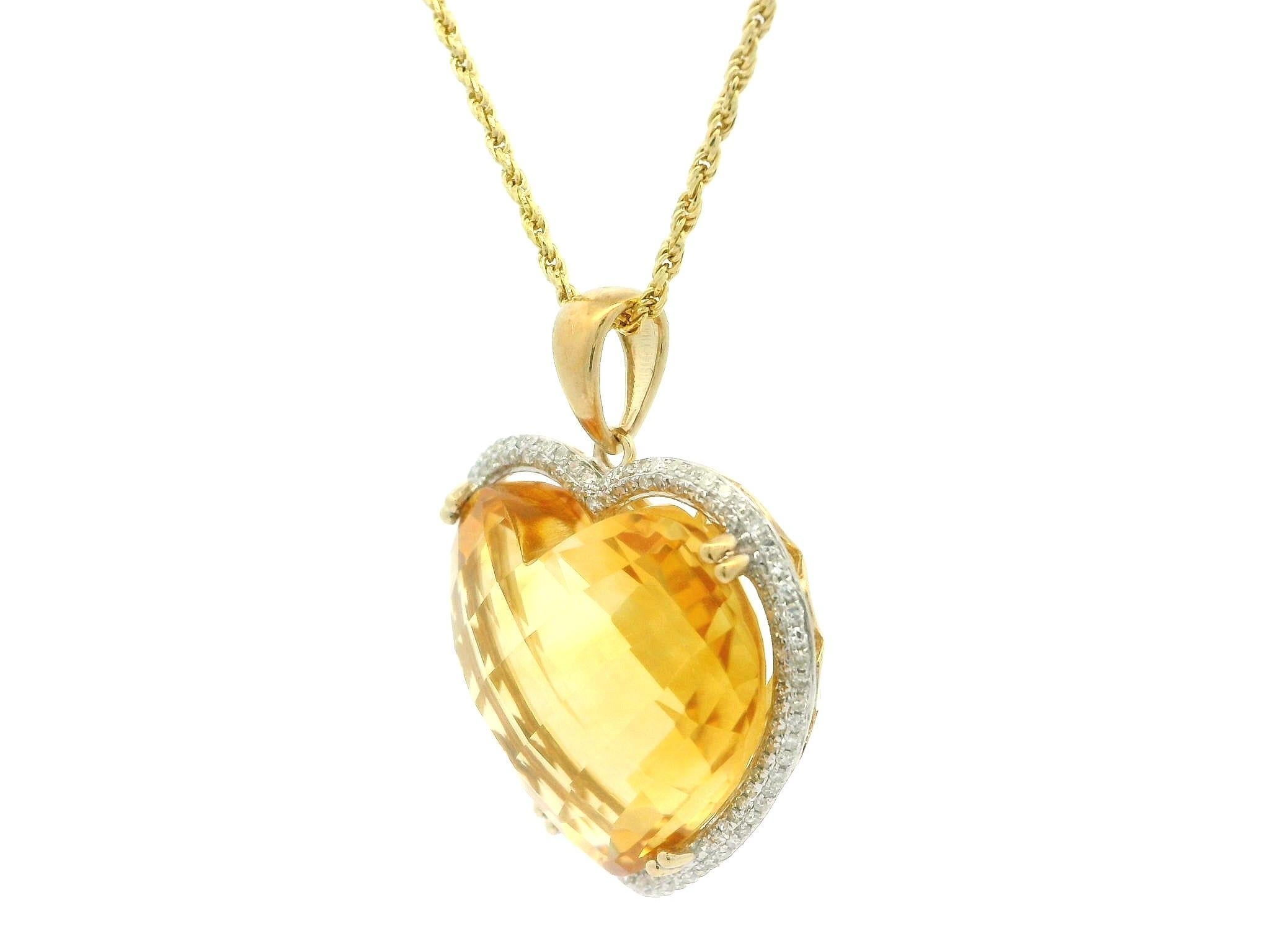 14k Yellow Gold Heart Cut Citrine Pave Diamond Frame Pendant 18