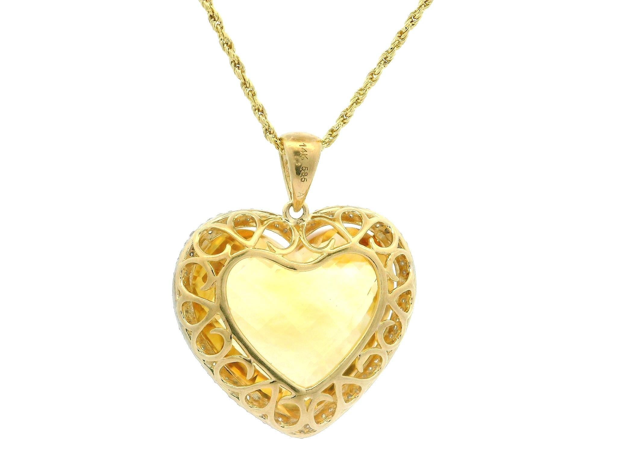 14k Yellow Gold Heart Cut Citrine Pave Diamond Frame Pendant 18