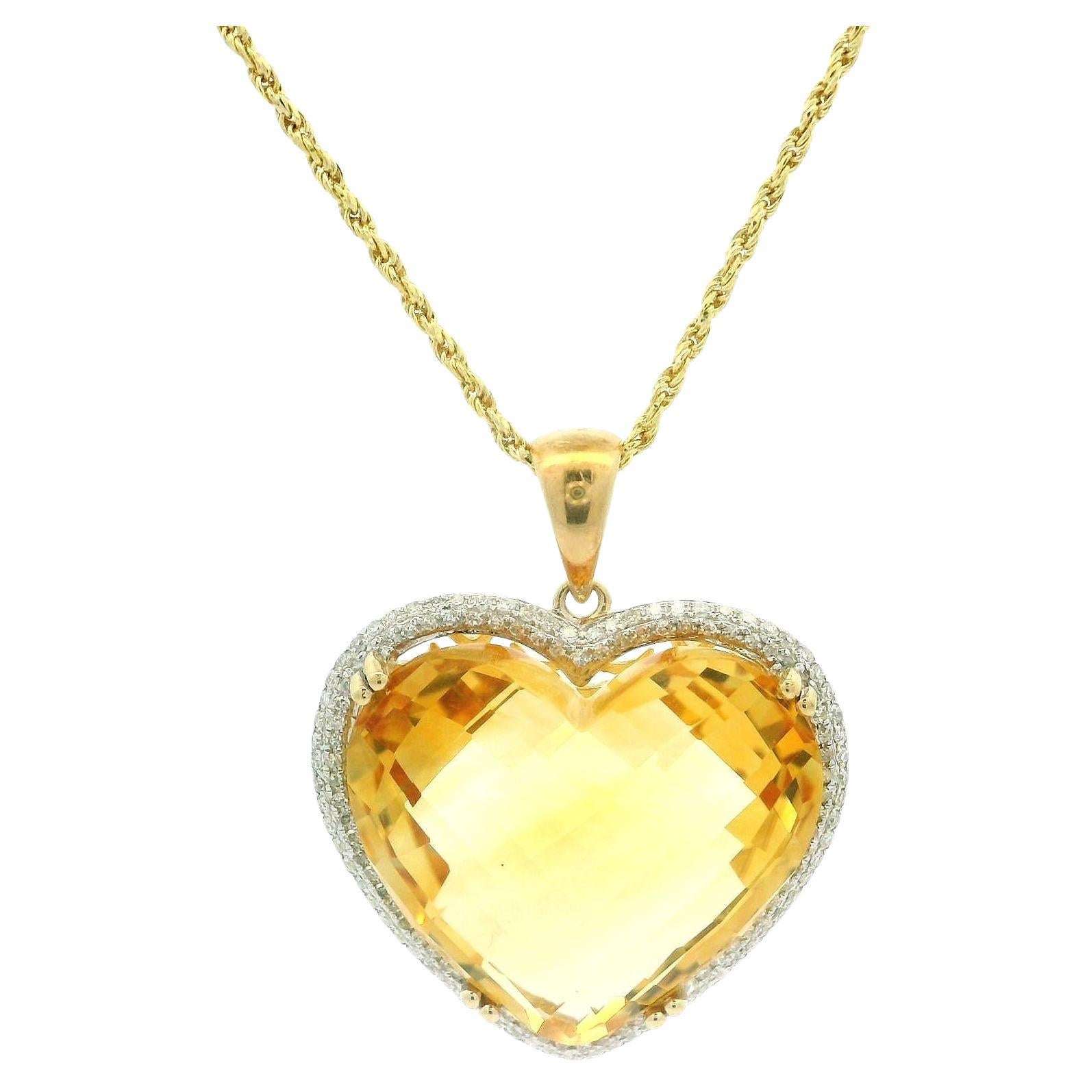 14k Yellow Gold Heart Cut Citrine Pave Diamond Frame Pendant 18" Rope Necklace im Angebot