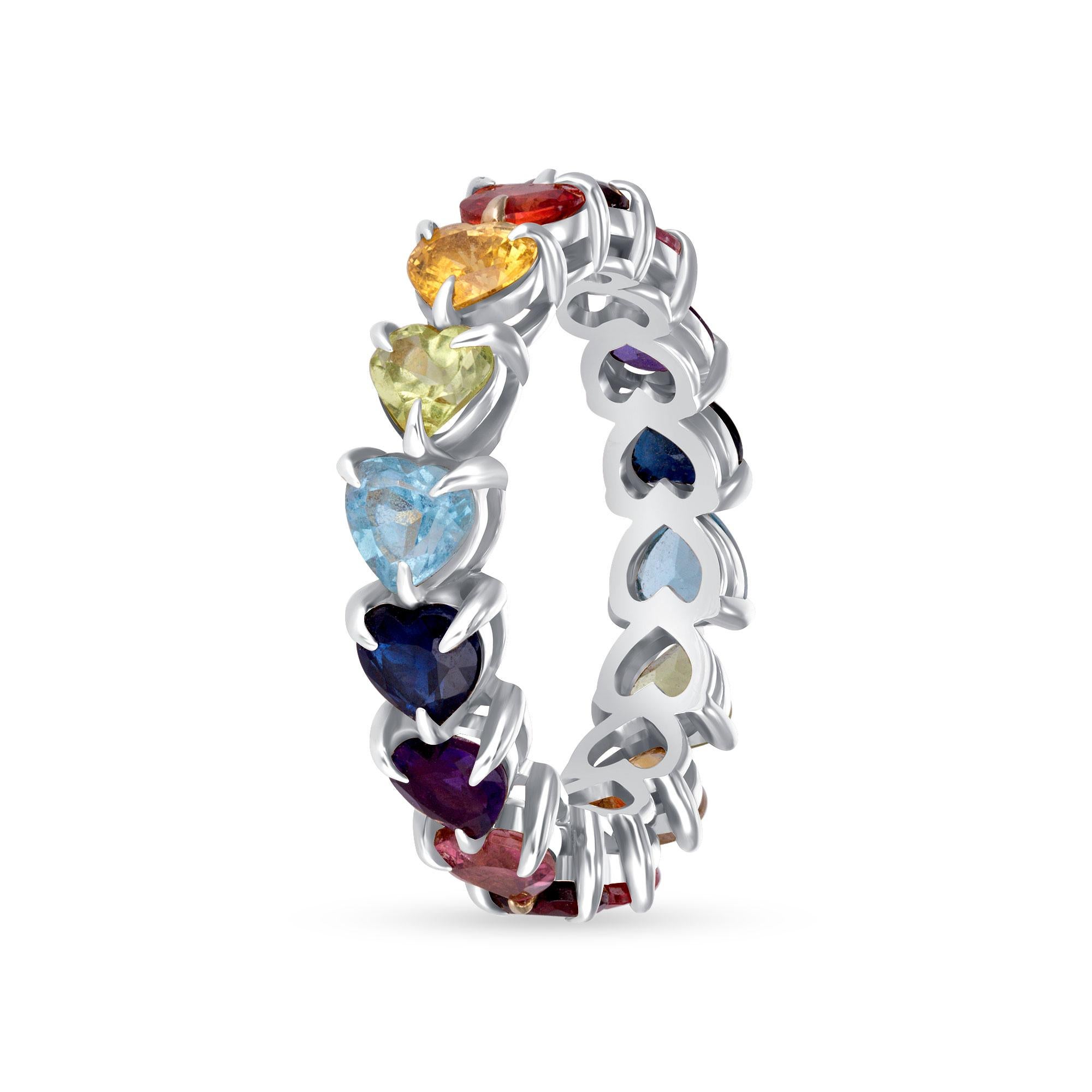 14K Yellow Gold Heart-Cut Rainbow Eternity Ring, Size 4 For Sale 4