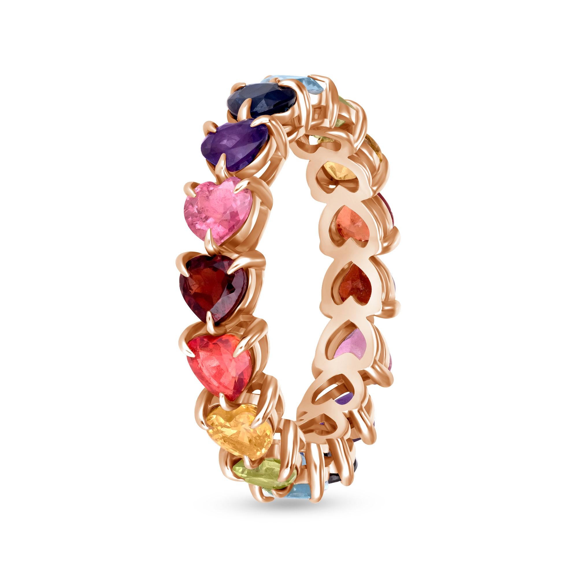 Women's 14K Yellow Gold Heart-Cut Rainbow Eternity Ring, Size 4 For Sale