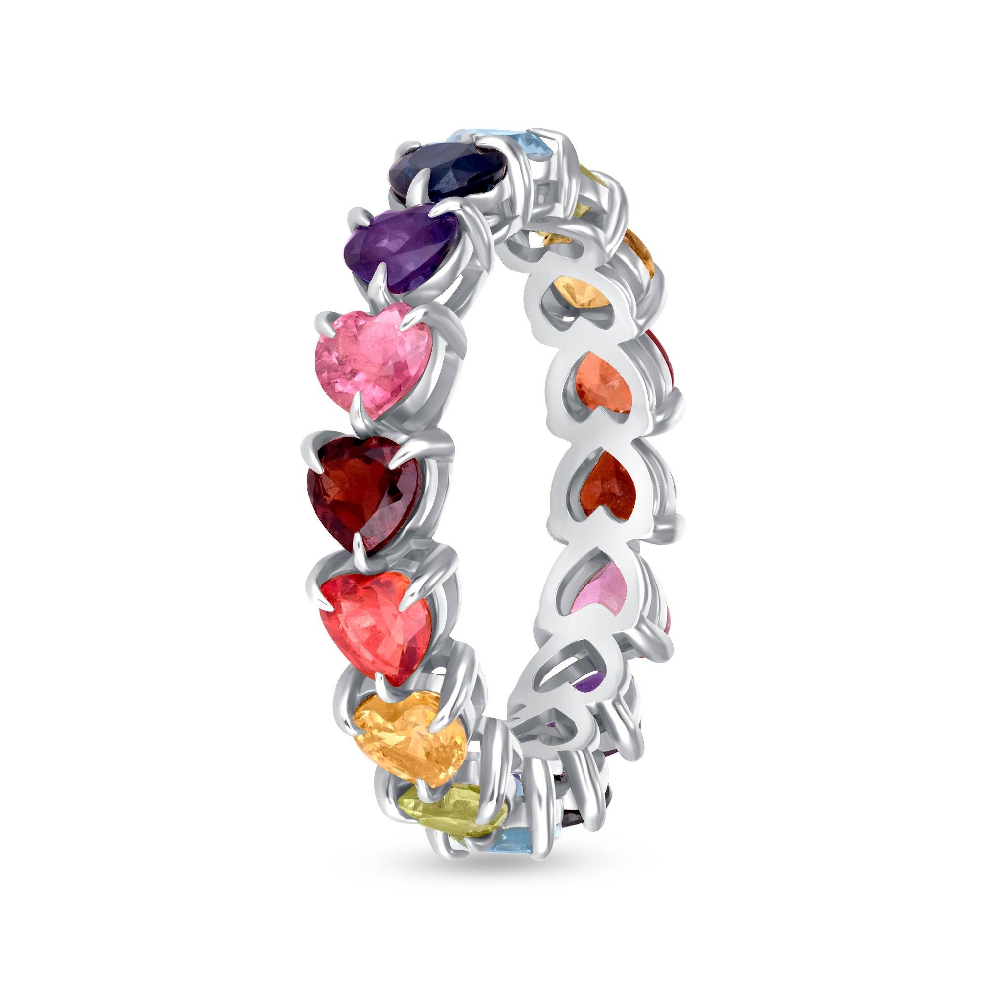 14K Yellow Gold Heart-Cut Rainbow Eternity Ring, Size 4 For Sale 1