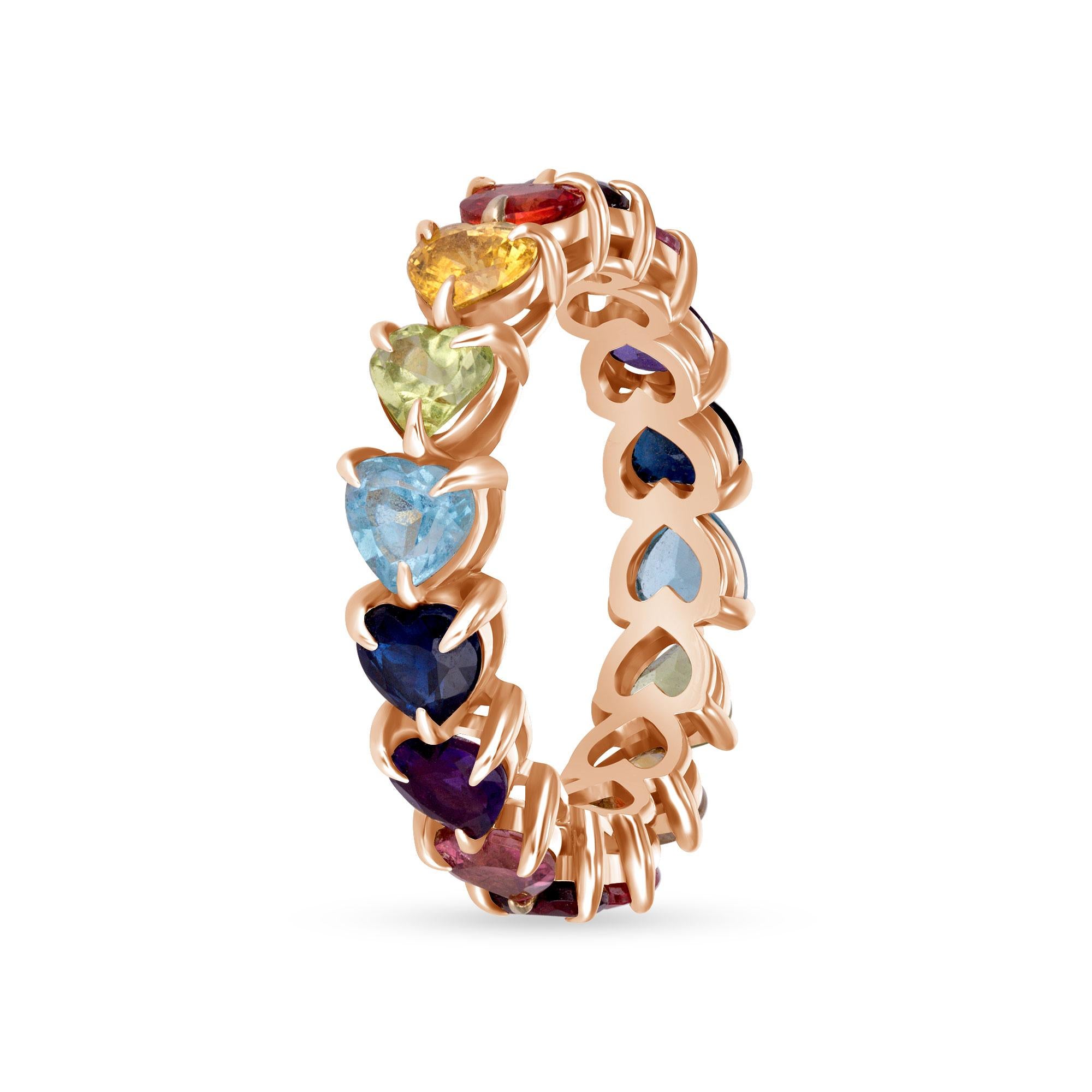 14K Yellow Gold Heart-Cut Rainbow Eternity Ring, Size 4 For Sale 2