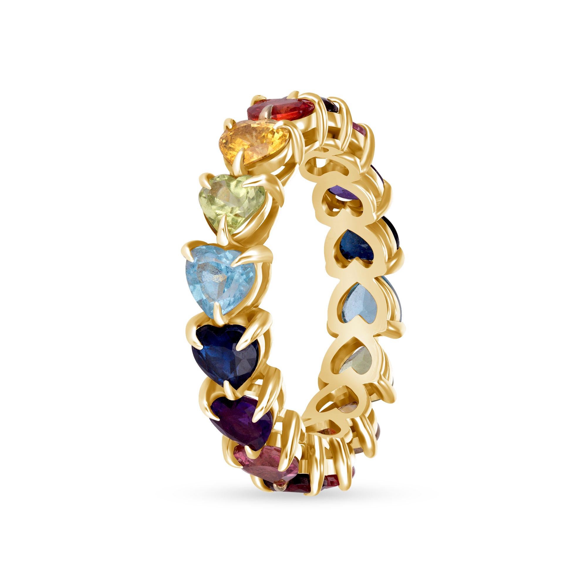 14K Yellow Gold Heart-Cut Rainbow Eternity Ring, Size 4 For Sale 3