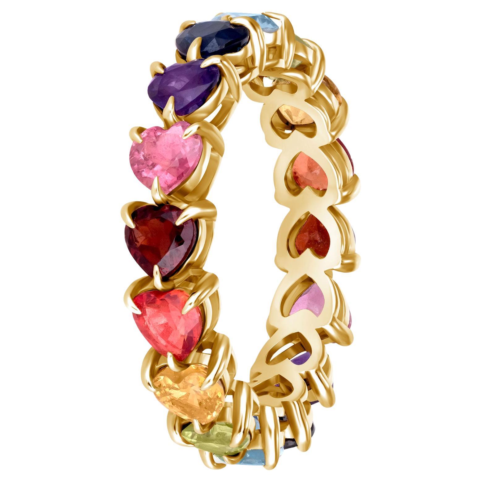 14K Yellow Gold Heart-Cut Rainbow Eternity Ring, Size 4 For Sale
