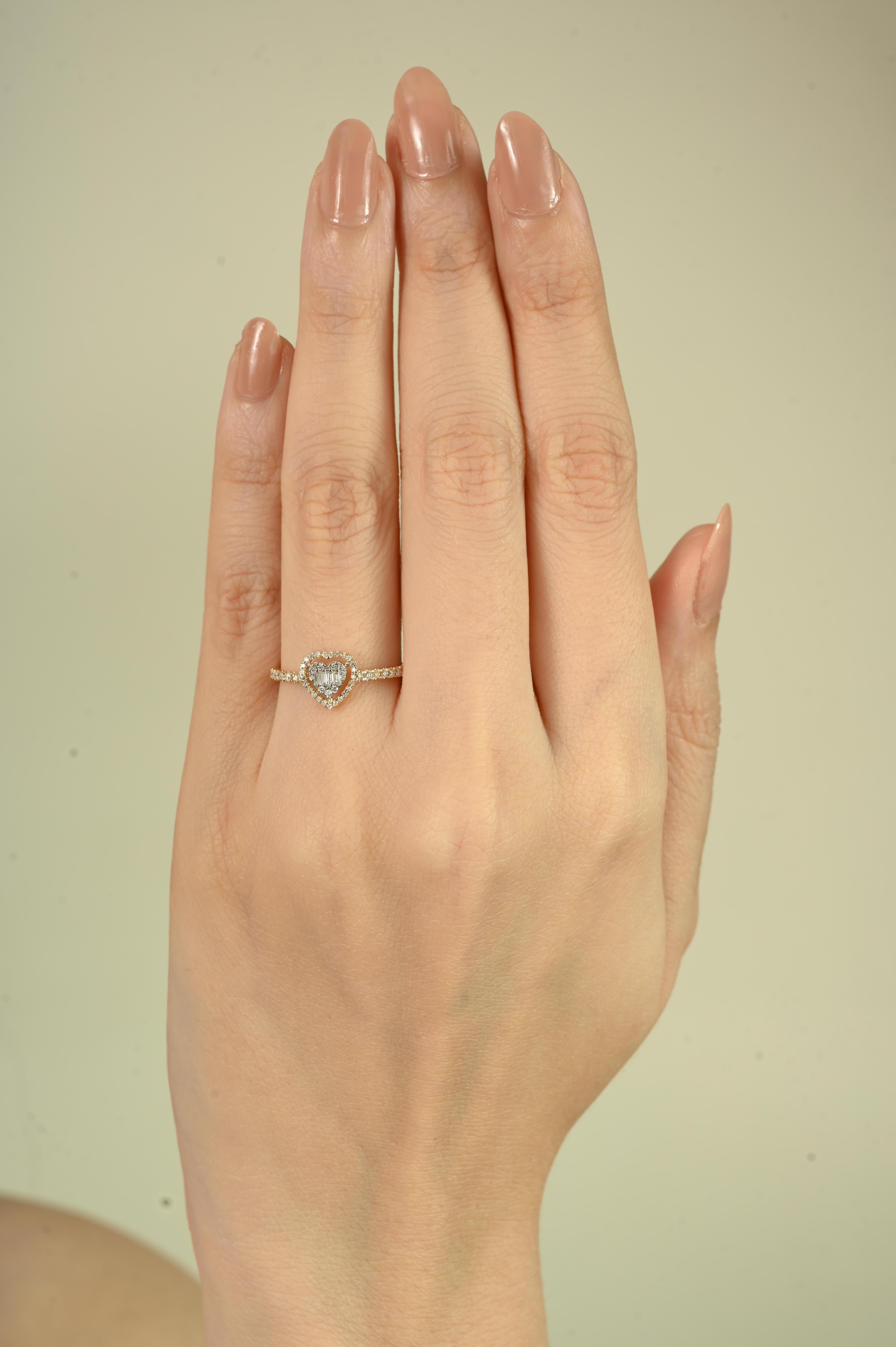 For Sale:  14k Yellow Gold Heart Diamond Engagement Ring with Baguette & Round Cut Diamonds 2