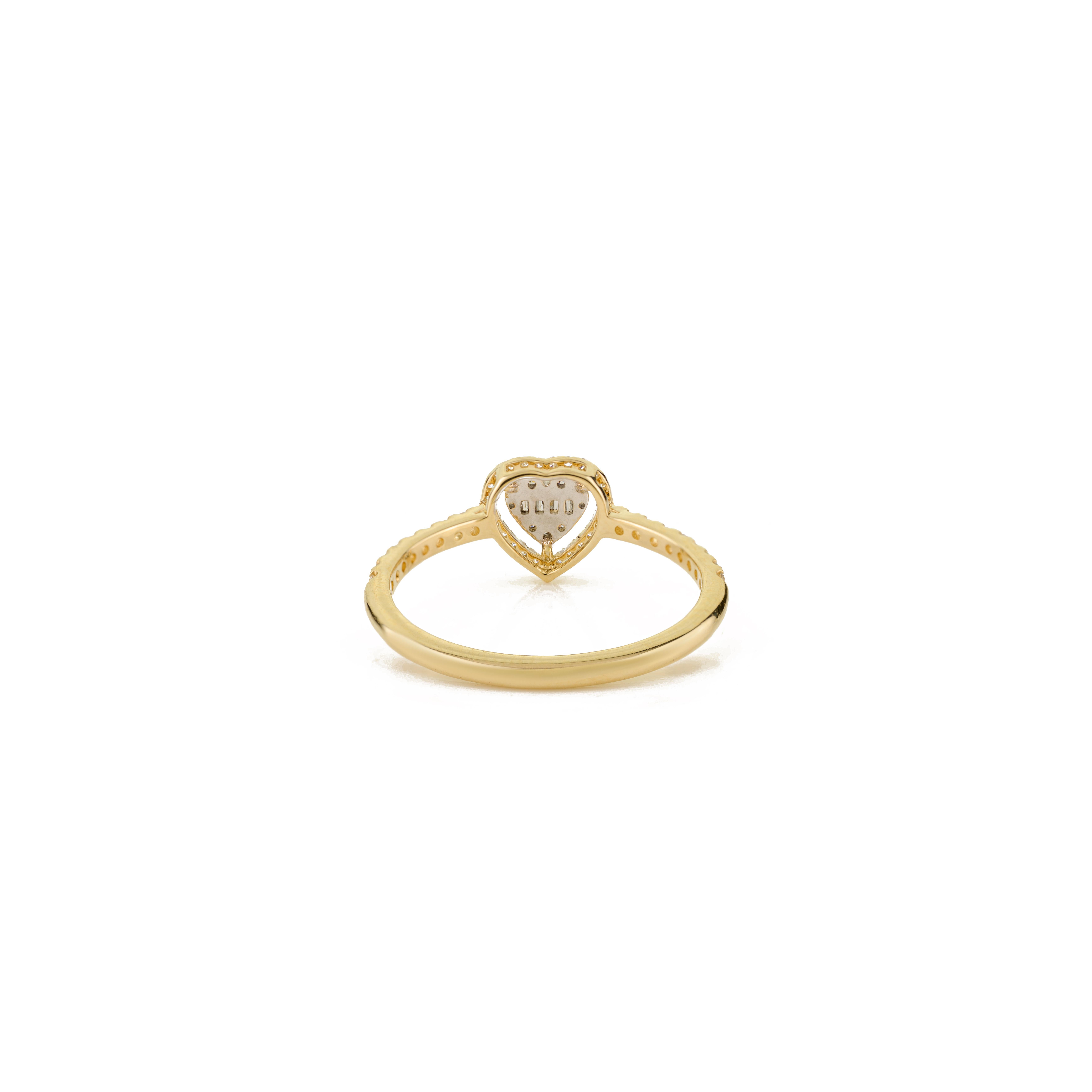 For Sale:  14k Yellow Gold Heart Diamond Engagement Ring with Baguette & Round Cut Diamonds 3
