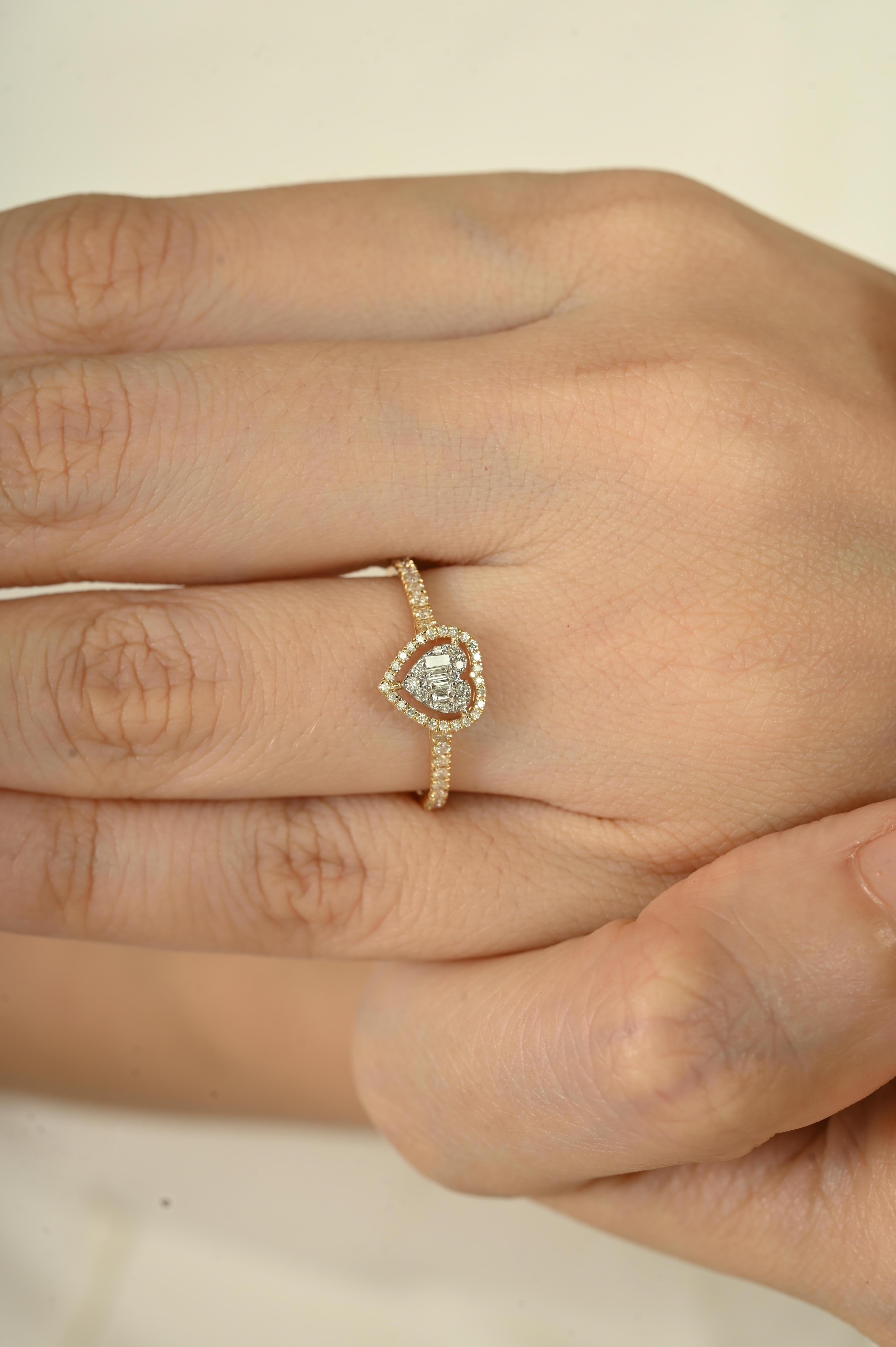 For Sale:  14k Yellow Gold Heart Diamond Engagement Ring with Baguette & Round Cut Diamonds 4