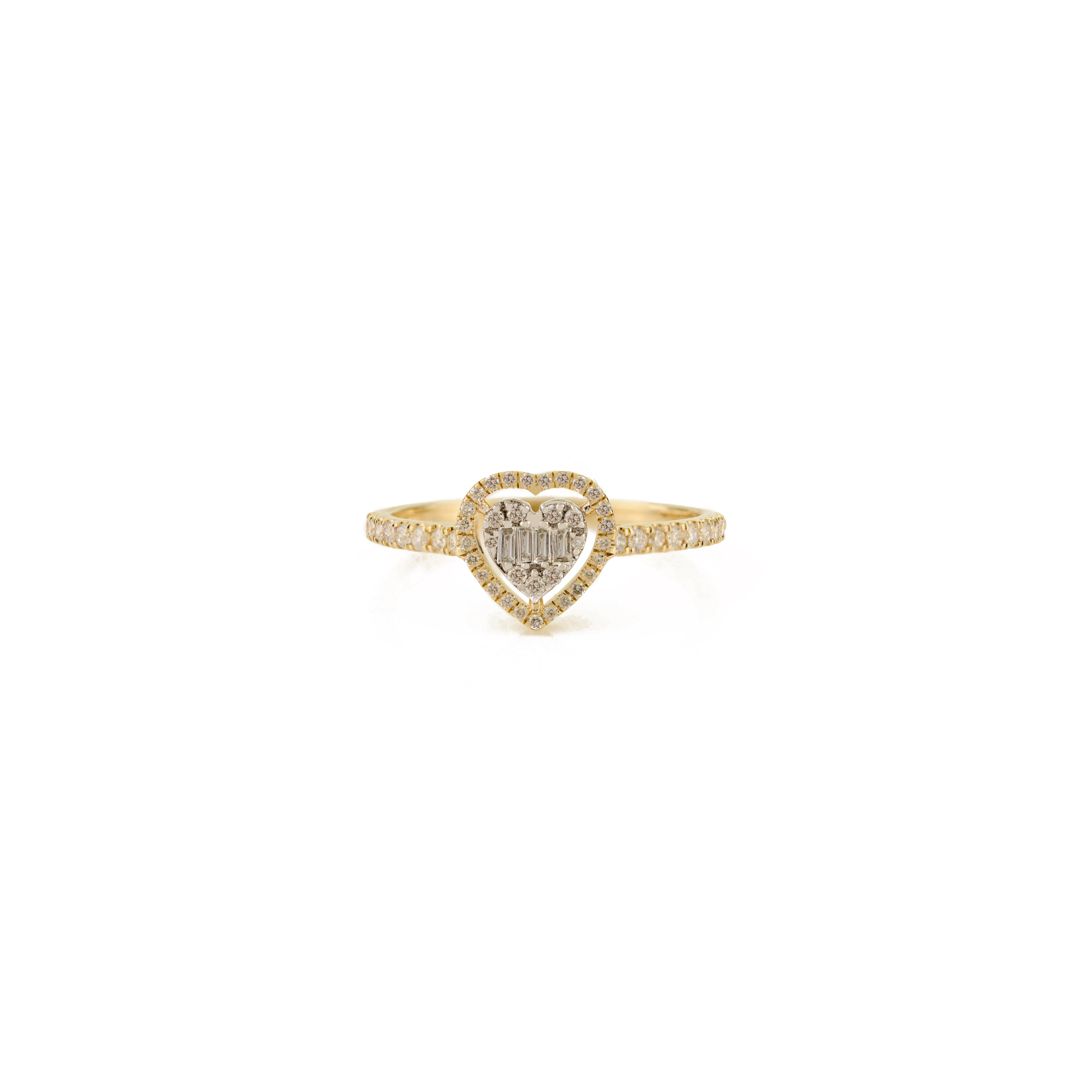 For Sale:  14k Yellow Gold Heart Diamond Engagement Ring with Baguette & Round Cut Diamonds 5