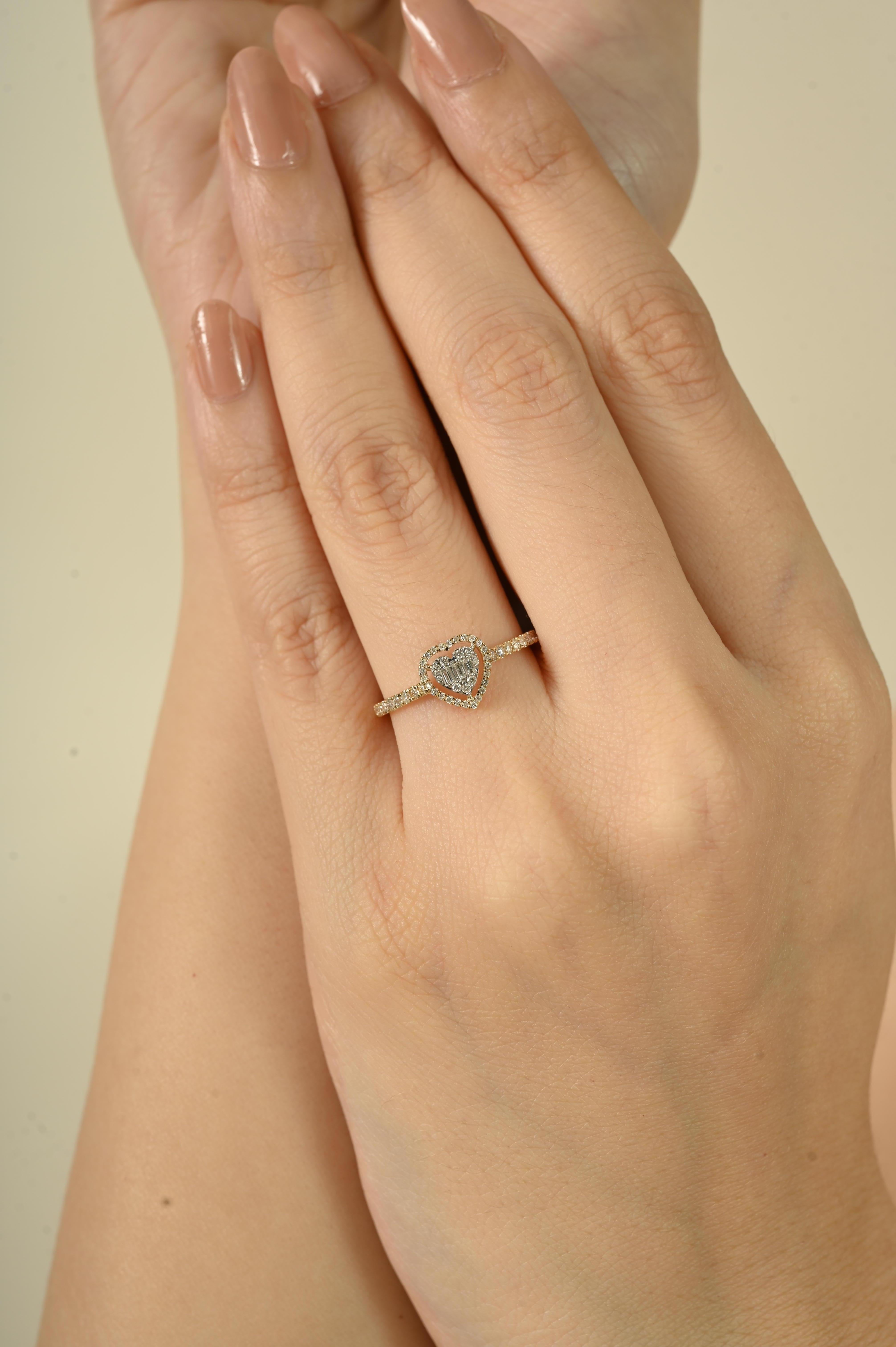 For Sale:  14k Yellow Gold Heart Diamond Engagement Ring with Baguette & Round Cut Diamonds 6
