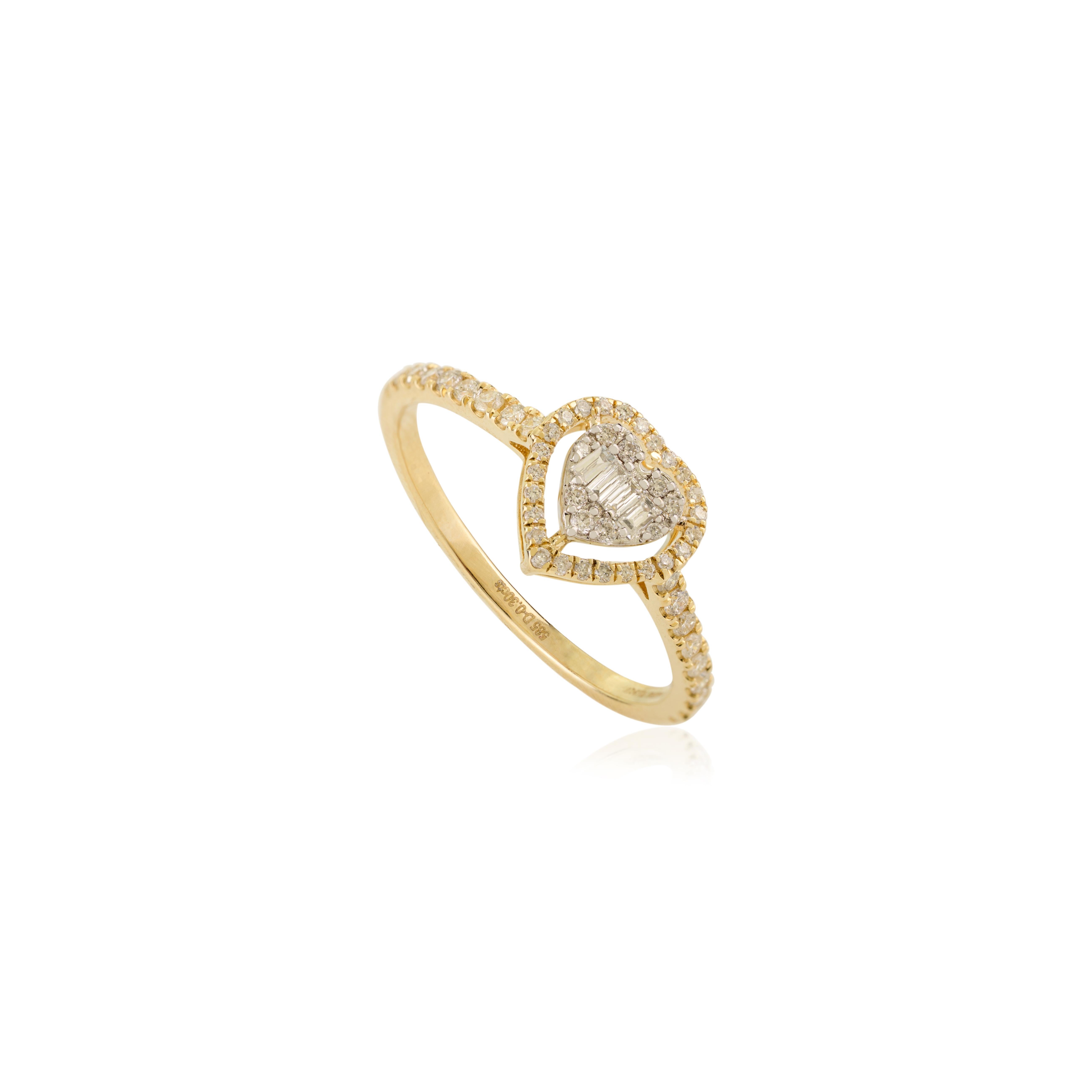 For Sale:  14k Yellow Gold Heart Diamond Engagement Ring with Baguette & Round Cut Diamonds 7