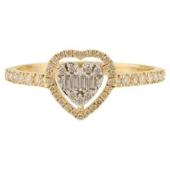 14k Yellow Gold Heart Diamond Engagement Ring with Baguette & Round Cut Diamonds