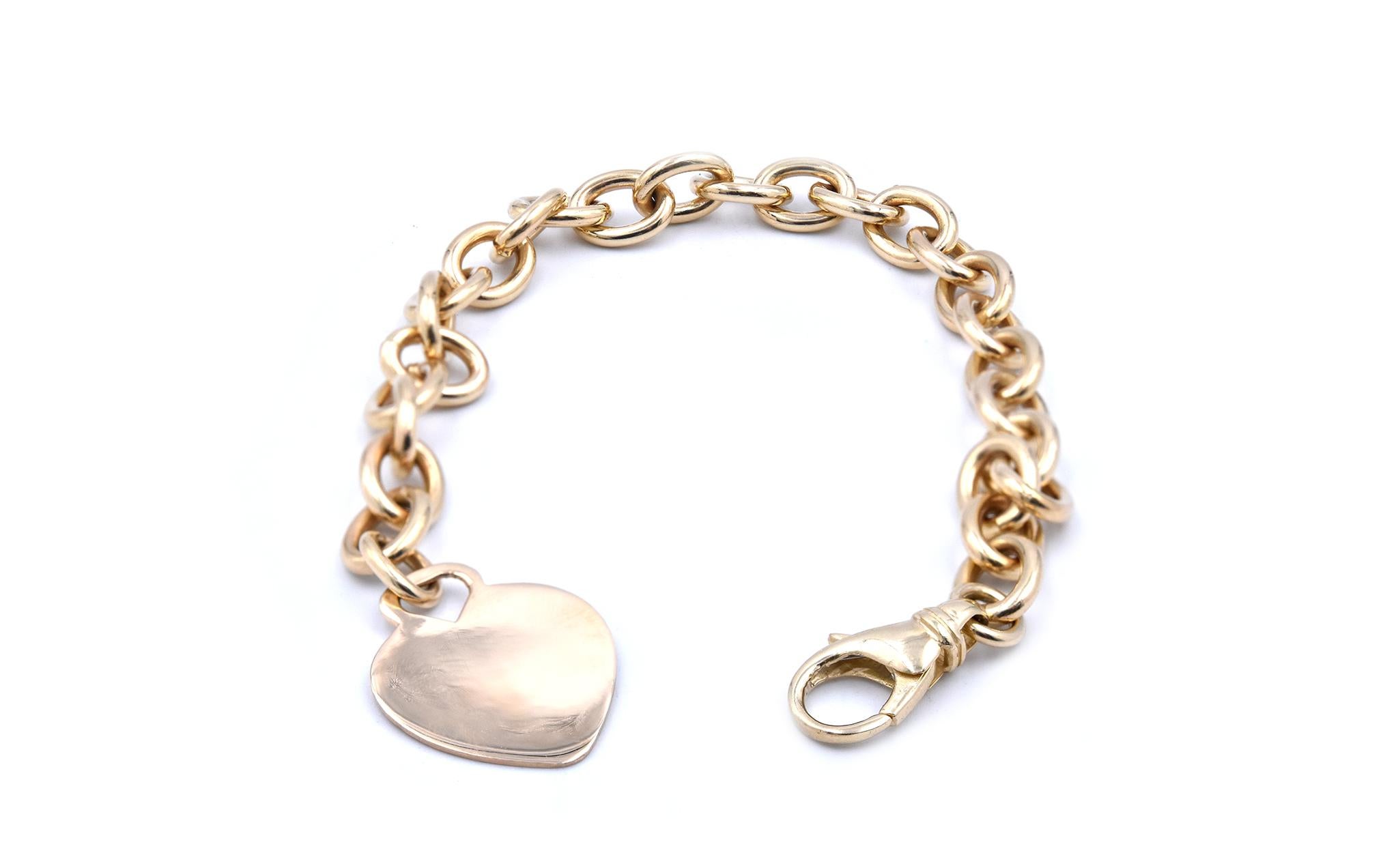 Women's or Men's 14 Karat Yellow Gold Heart ID Link Bracelet For Sale
