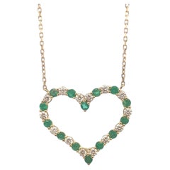 14K Yellow Gold Heart Necklace with Emeralds and Diamonds